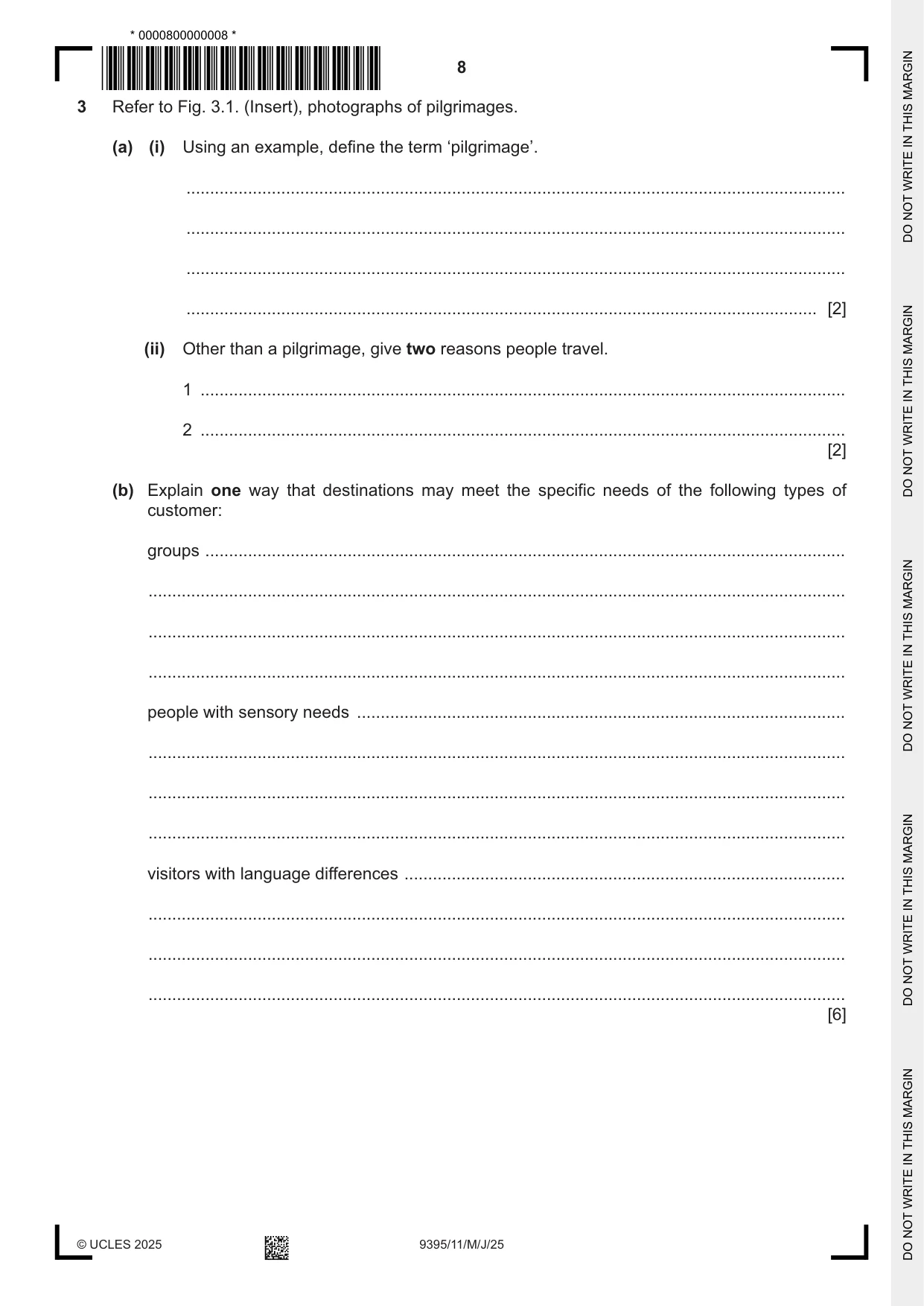 Cambridge A Level Travel and Tourism 9395 2025 May/June Paper 1 · Variant 1 question paper, page 8 of 12