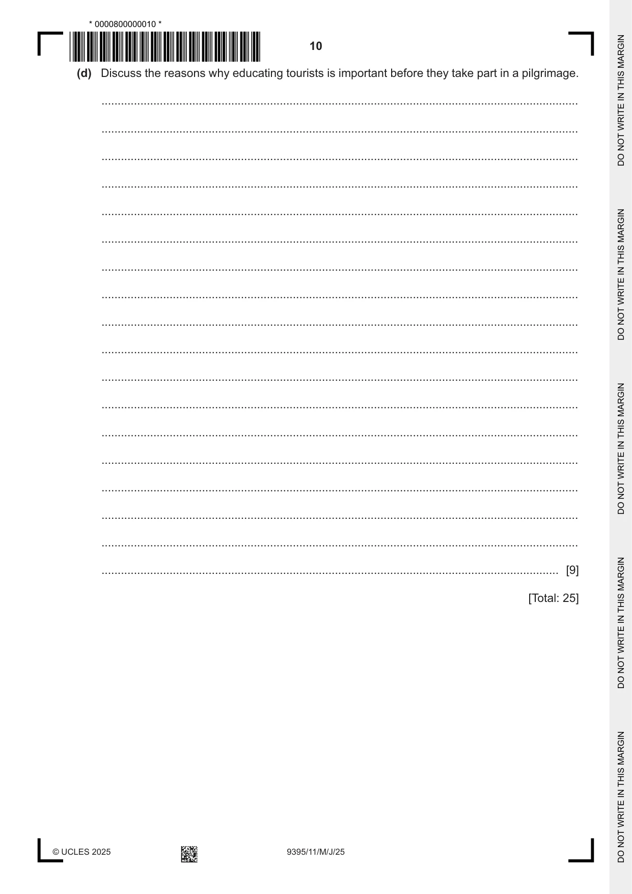 Cambridge A Level Travel and Tourism 9395 2025 May/June Paper 1 · Variant 1 question paper, page 10 of 12