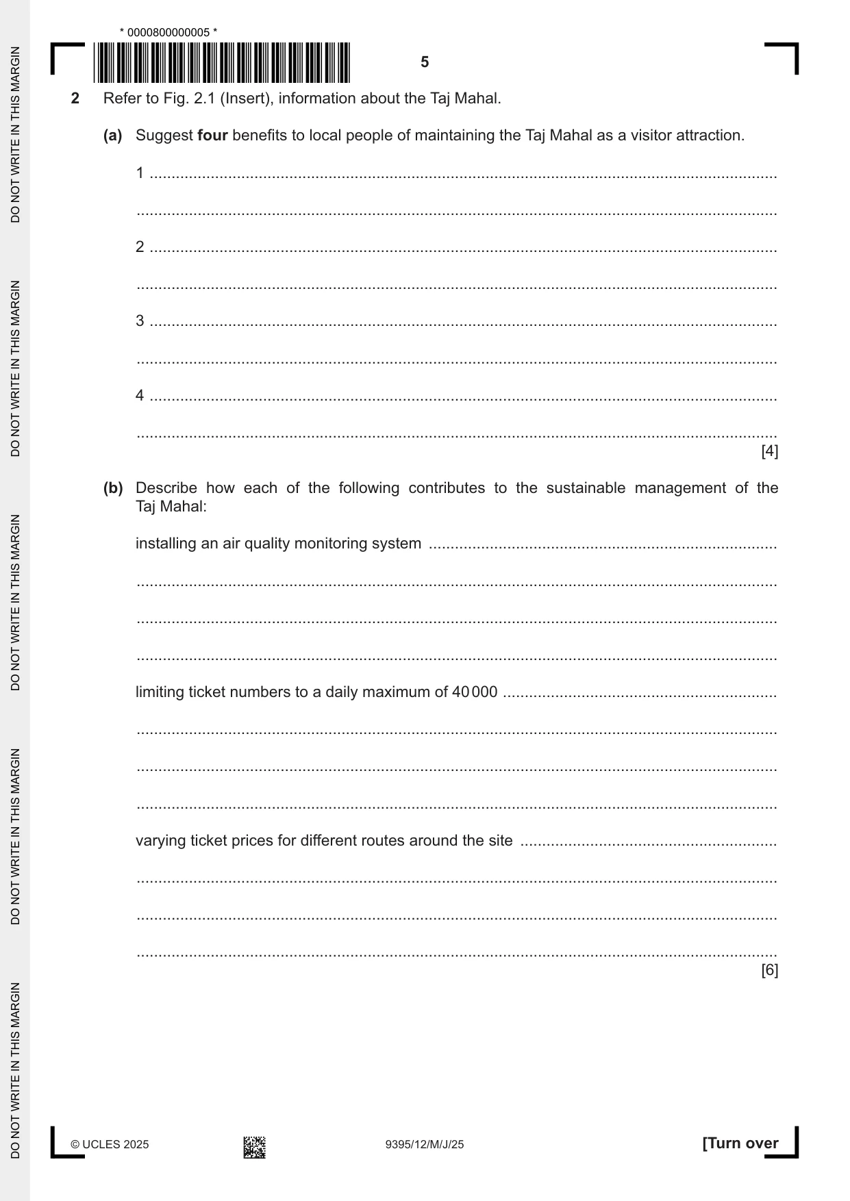 Cambridge A Level Travel and Tourism 9395 2025 May/June Paper 1 · Variant 2 question paper, page 5 of 12