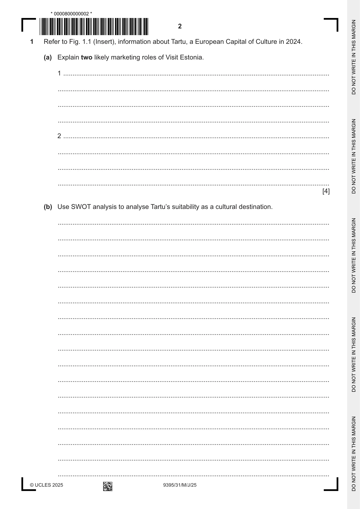 Cambridge A Level Travel and Tourism 9395 2025 May/June Paper 3 · Variant 1 question paper, page 2 of 12