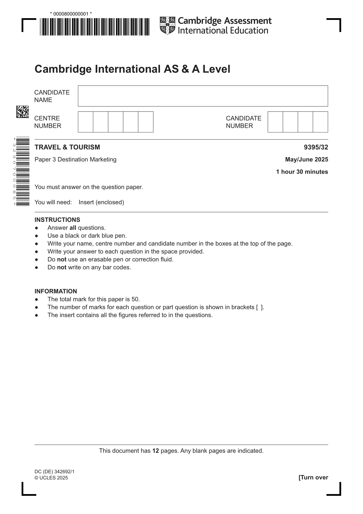 Cambridge A Level Travel and Tourism 9395 2025 May/June Paper 3 · Variant 2 question paper, page 1 of 12