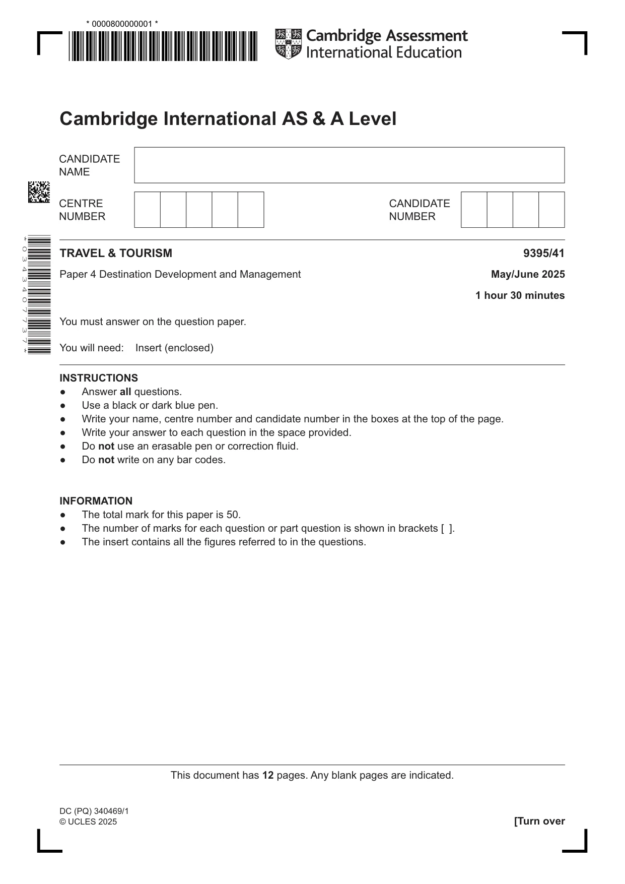 Cambridge A Level Travel and Tourism 9395 2025 May/June Paper 4 · Variant 1 question paper, page 1 of 12