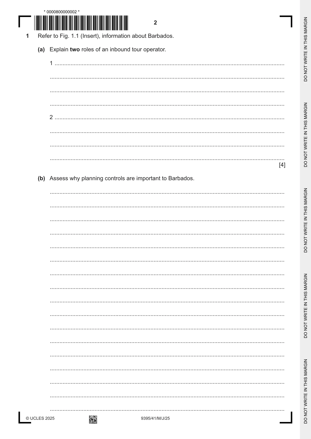 Cambridge A Level Travel and Tourism 9395 2025 May/June Paper 4 · Variant 1 question paper, page 2 of 12