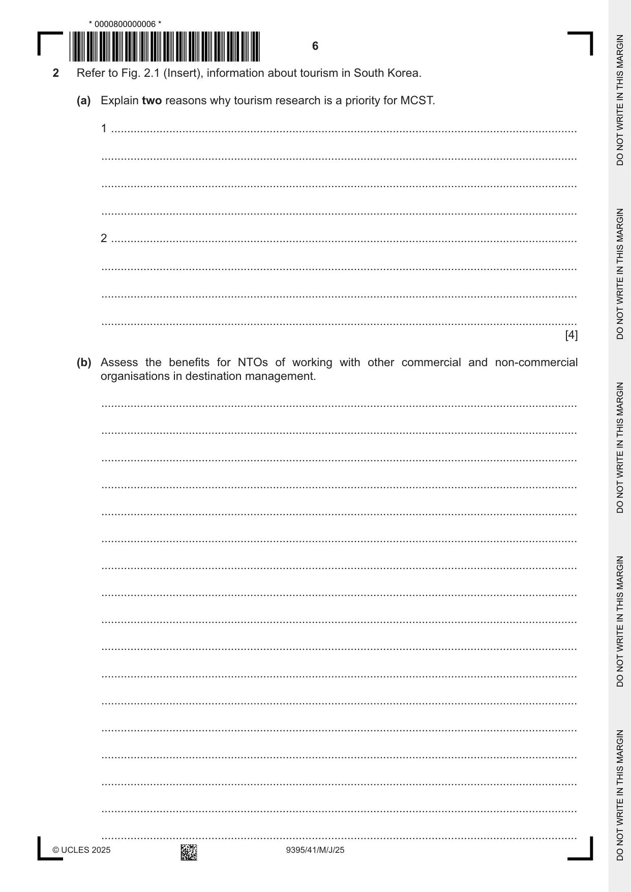 Cambridge A Level Travel and Tourism 9395 2025 May/June Paper 4 · Variant 1 question paper, page 6 of 12