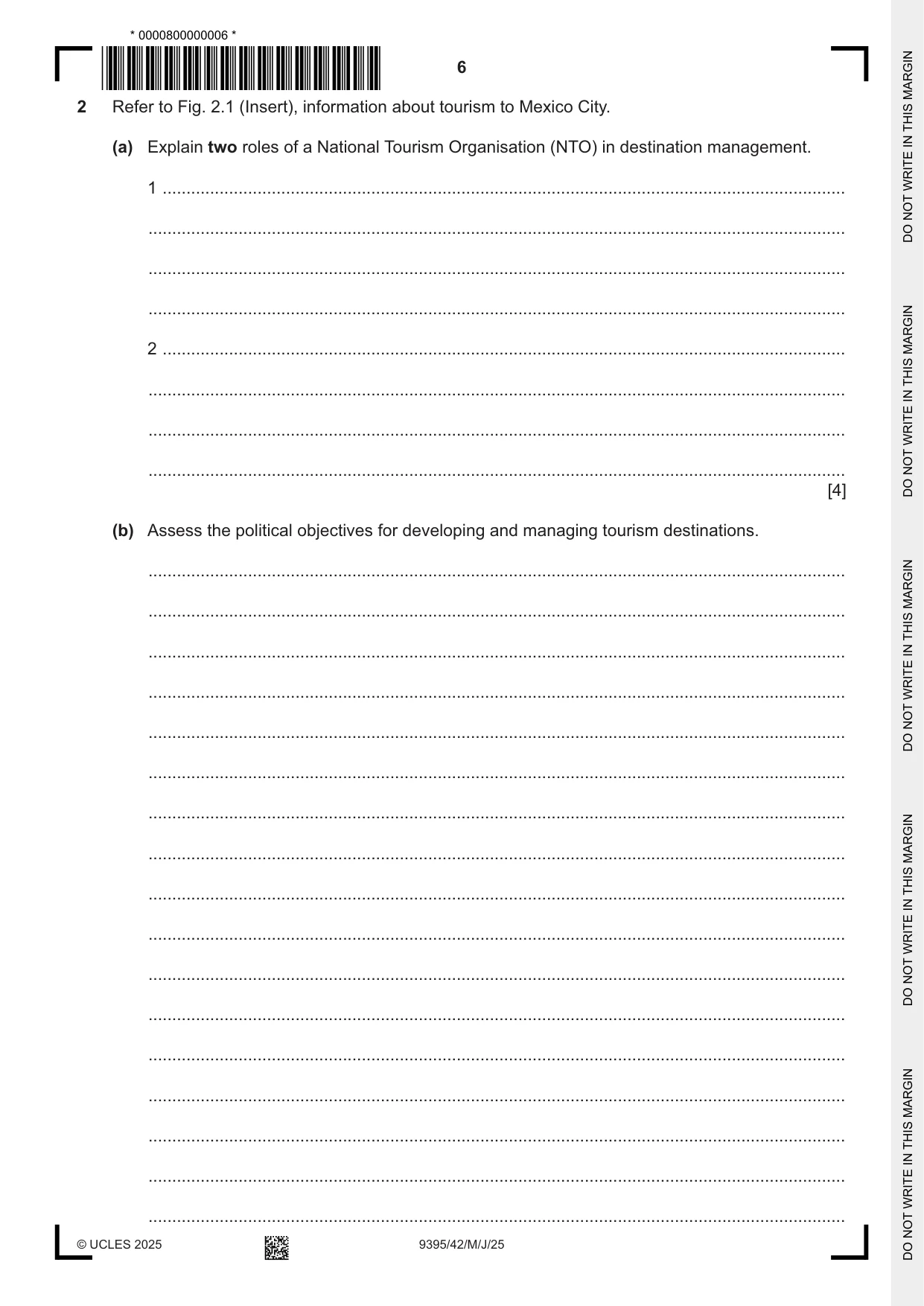 Cambridge A Level Travel and Tourism 9395 2025 May/June Paper 4 · Variant 2 question paper, page 6 of 12
