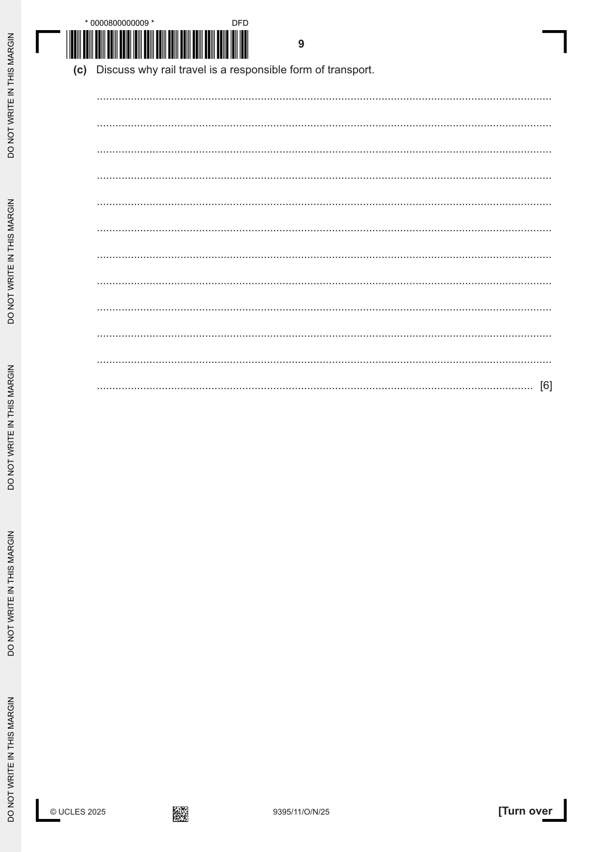Cambridge A Level Travel and Tourism 9395 2025 Oct/Nov Paper 1 · Variant 1 question paper, page 9 of 12