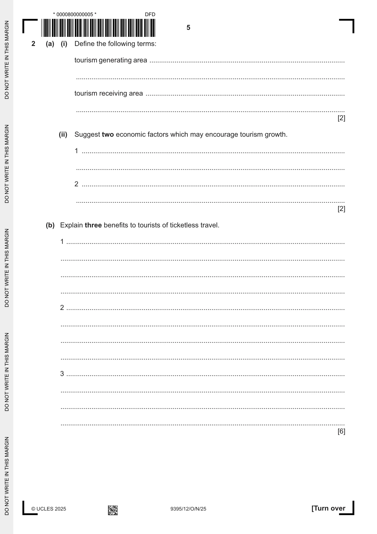 Cambridge A Level Travel and Tourism 9395 2025 Oct/Nov Paper 1 · Variant 2 question paper, page 5 of 12