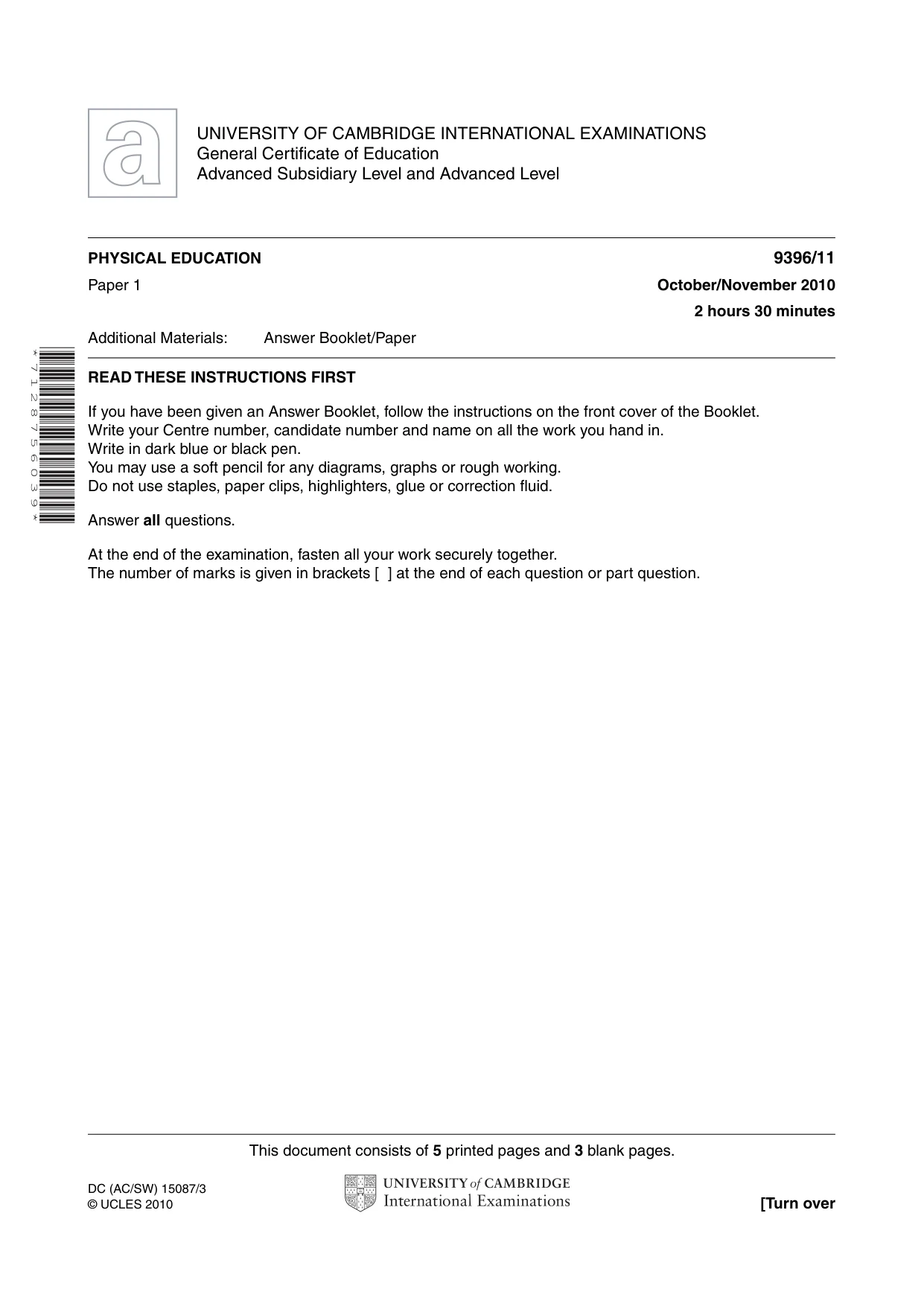 Cambridge A Level Physical Education 9396 2010 Oct/Nov Paper 1 · Variant 1 question paper, page 1 of 8