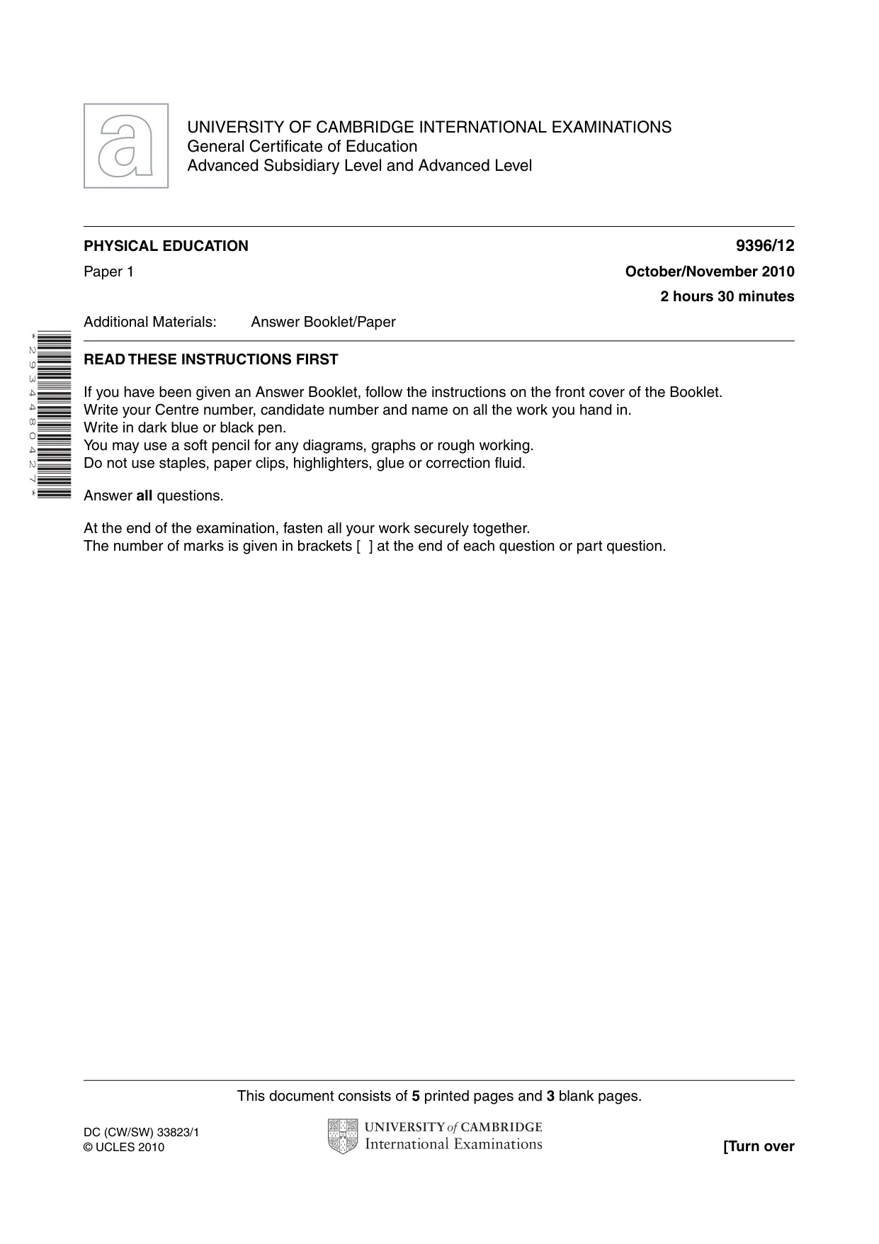 Cambridge A Level Physical Education 9396 2010 Oct/Nov Paper 1 · Variant 2 question paper, page 1 of 8