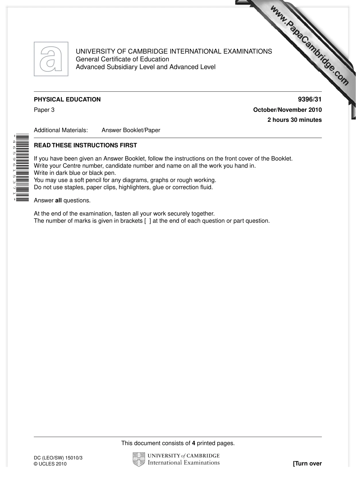 Cambridge A Level Physical Education 9396 2010 Oct/Nov Paper 3 · Variant 1 question paper, page 1 of 4