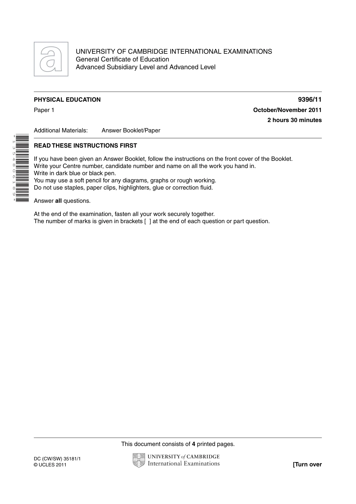 Cambridge A Level Physical Education 9396 2011 Oct/Nov Paper 1 · Variant 1 question paper, page 1 of 4