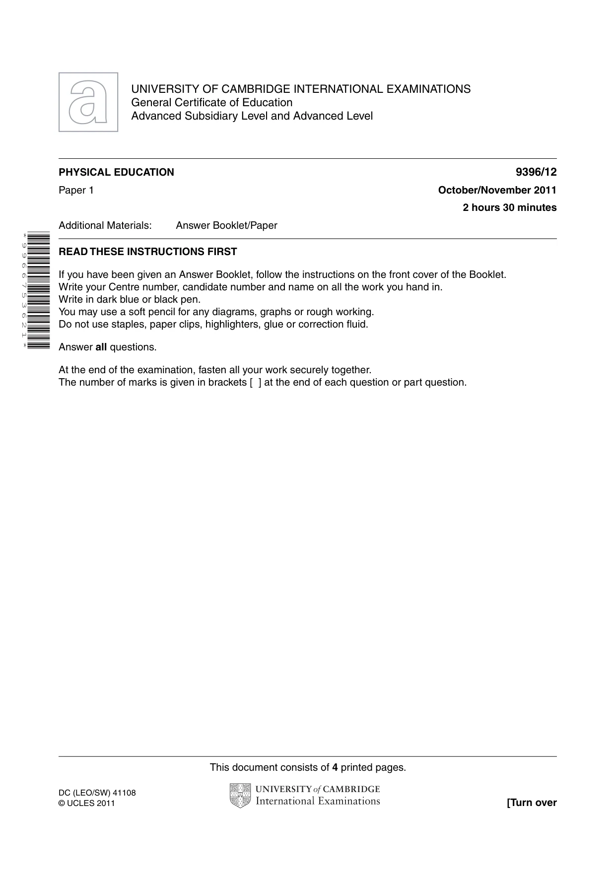 Cambridge A Level Physical Education 9396 2011 Oct/Nov Paper 1 · Variant 2 question paper, page 1 of 4