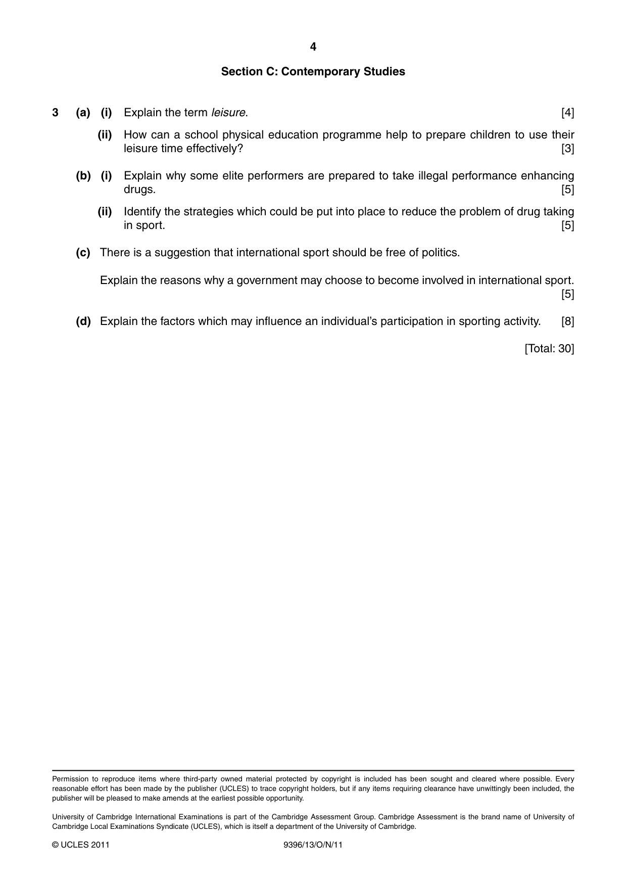 Cambridge A Level Physical Education 9396 2011 Oct/Nov Paper 1 · Variant 3 question paper, page 4 of 4