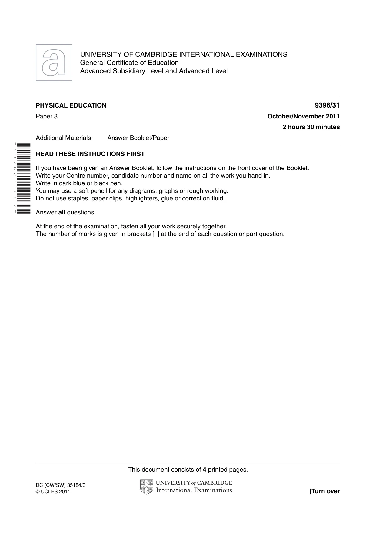 Cambridge A Level Physical Education 9396 2011 Oct/Nov Paper 3 · Variant 1 question paper, page 1 of 4
