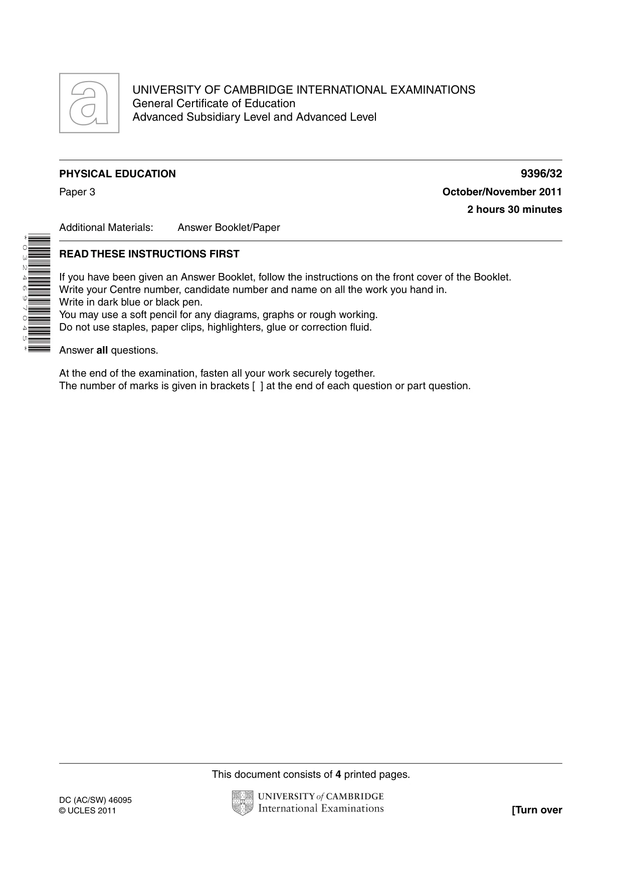 Cambridge A Level Physical Education 9396 2011 Oct/Nov Paper 3 · Variant 2 question paper, page 1 of 4