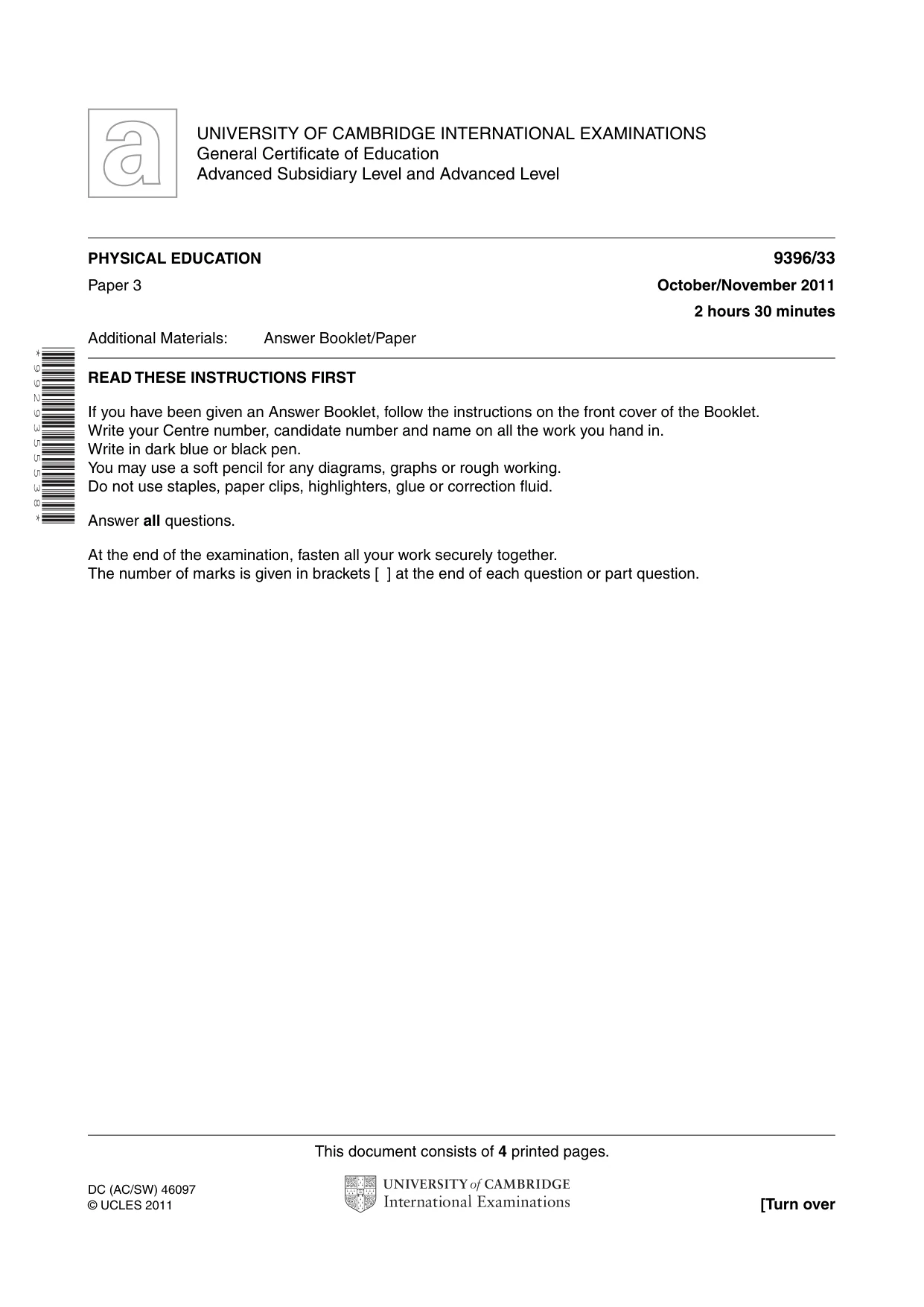 Cambridge A Level Physical Education 9396 2011 Oct/Nov Paper 3 · Variant 3 question paper, page 1 of 4