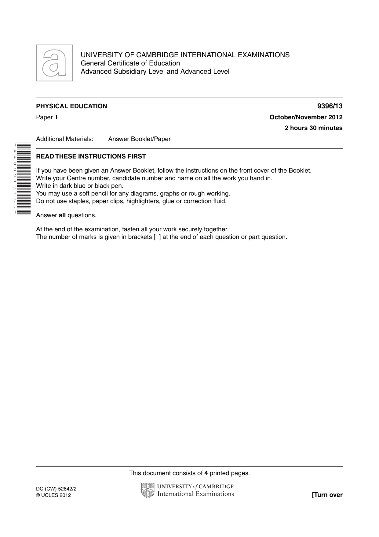 Cambridge A Level Physical Education 9396 2012 Oct/Nov Paper 1 · Variant 3 question paper, page 1 of 4