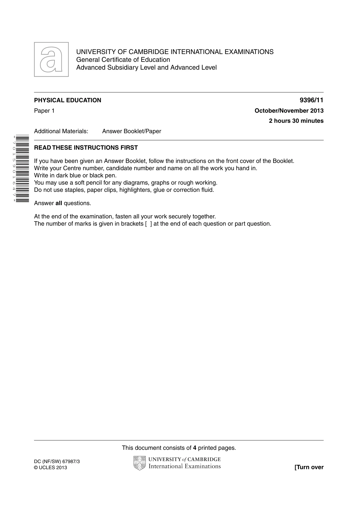 Cambridge A Level Physical Education 9396 2013 Oct/Nov Paper 1 · Variant 1 question paper, page 1 of 4