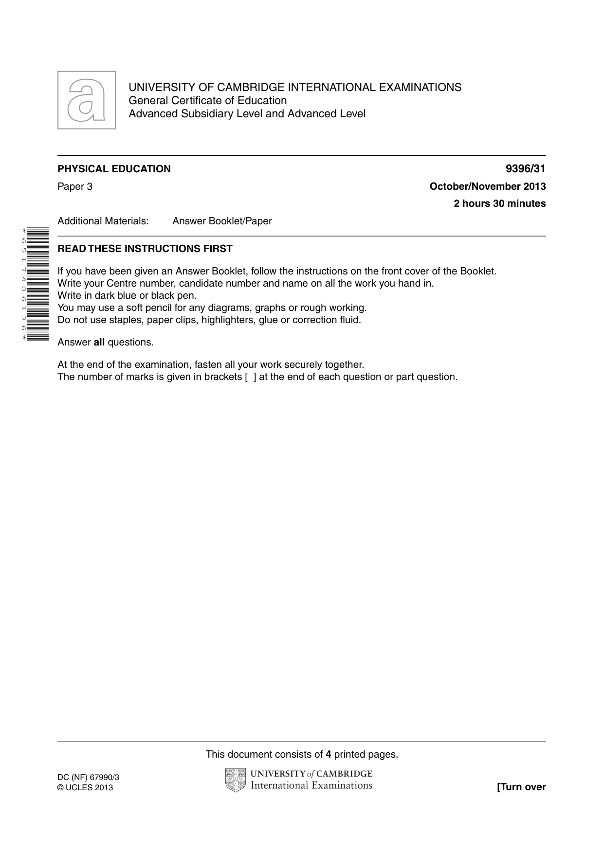 Cambridge A Level Physical Education 9396 2013 Oct/Nov Paper 3 · Variant 1 question paper, page 1 of 4