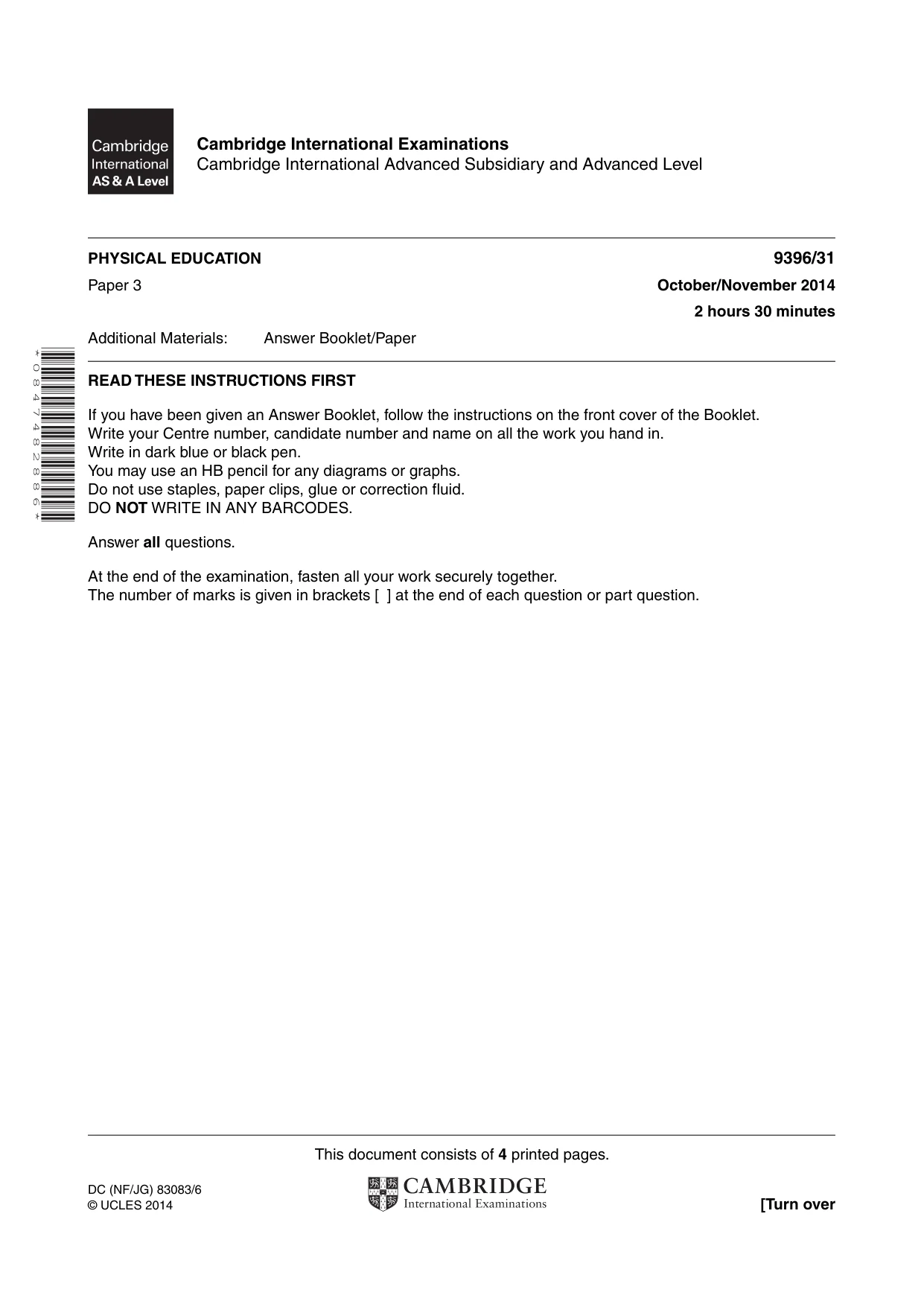 Cambridge A Level Physical Education 9396 2014 Oct/Nov Paper 3 · Variant 1 question paper, page 1 of 4
