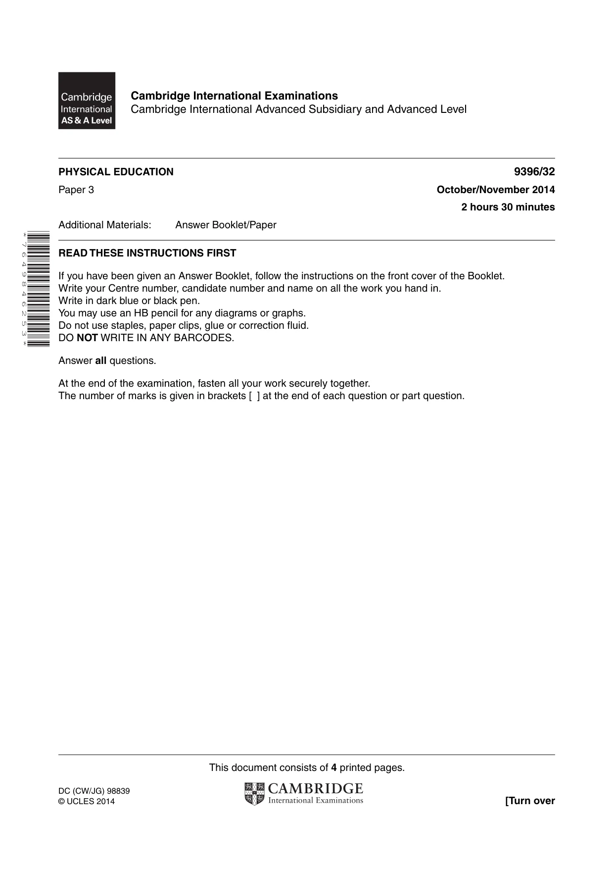 Cambridge A Level Physical Education 9396 2014 Oct/Nov Paper 3 · Variant 2 question paper, page 1 of 4