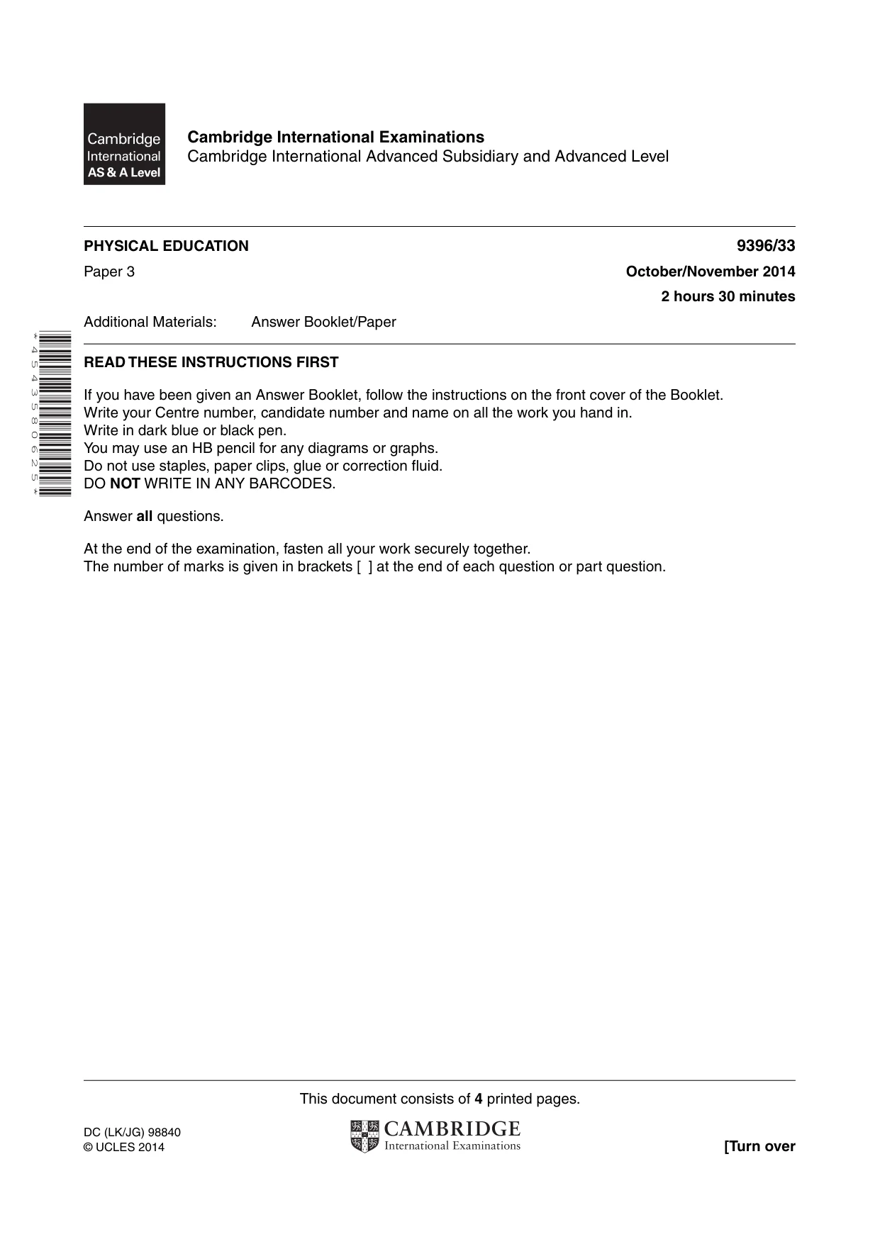 Cambridge A Level Physical Education 9396 2014 Oct/Nov Paper 3 · Variant 3 question paper, page 1 of 4