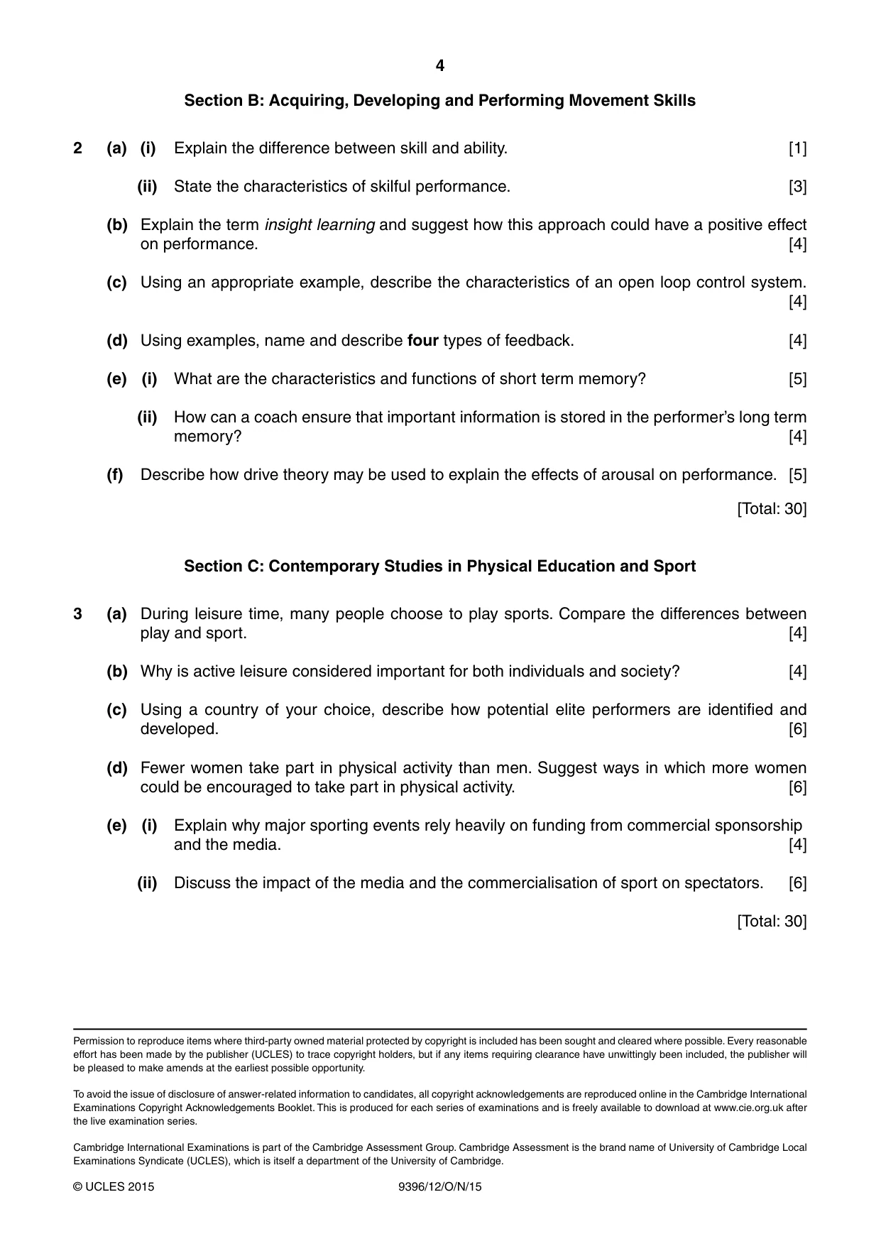 Cambridge A Level Physical Education 9396 2015 Oct/Nov Paper 1 · Variant 2 question paper, page 4 of 4