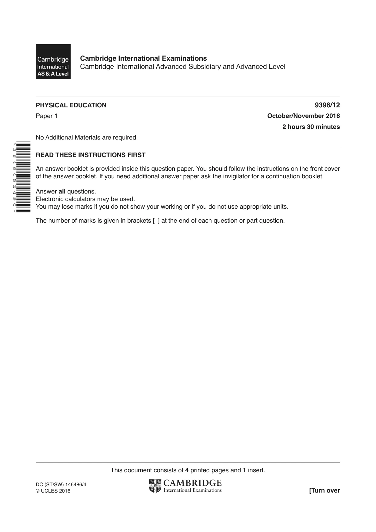 Cambridge A Level Physical Education 9396 2016 Oct/Nov Paper 1 · Variant 2 question paper, page 1 of 4