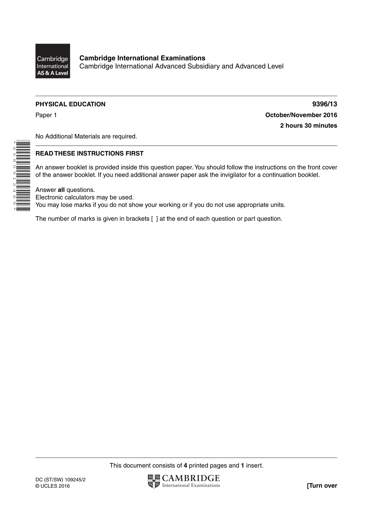 Cambridge A Level Physical Education 9396 2016 Oct/Nov Paper 1 · Variant 3 question paper, page 1 of 4