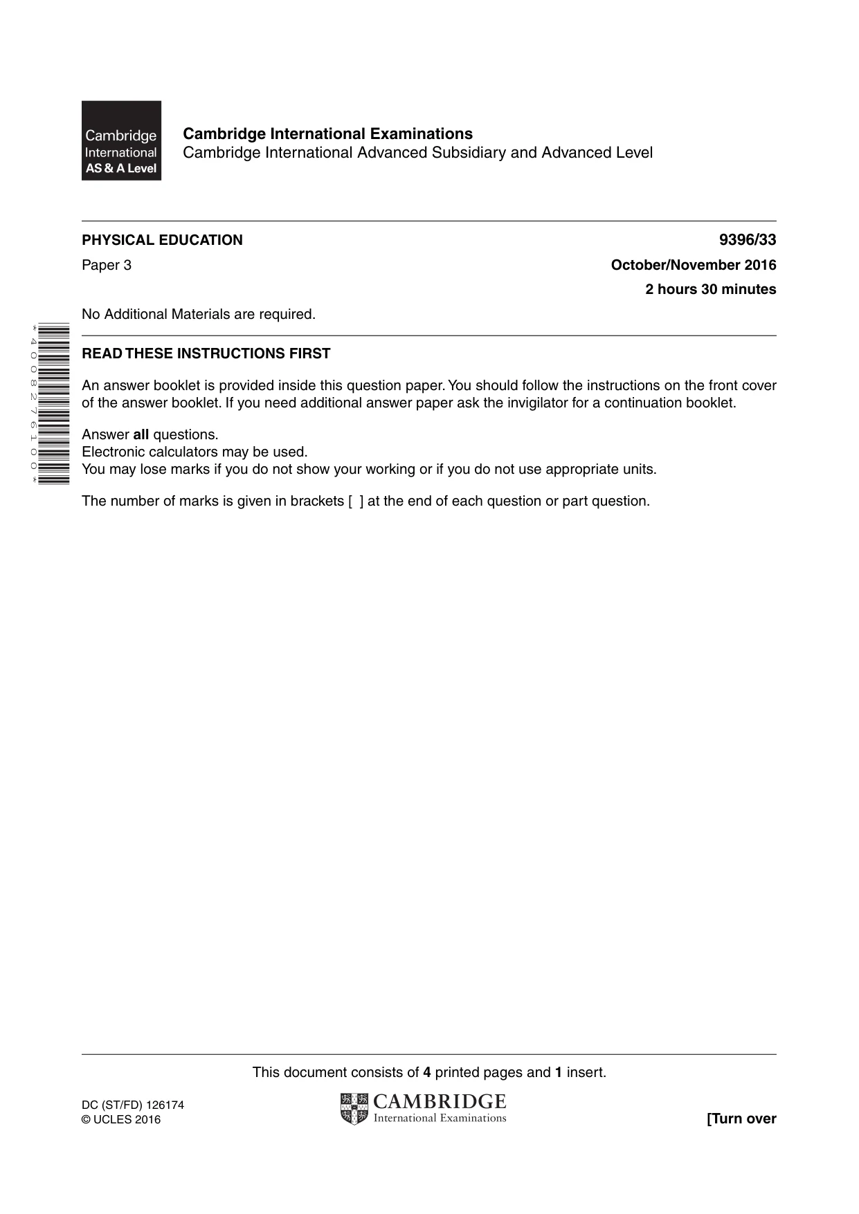 Cambridge A Level Physical Education 9396 2016 Oct/Nov Paper 3 · Variant 3 question paper, page 1 of 4
