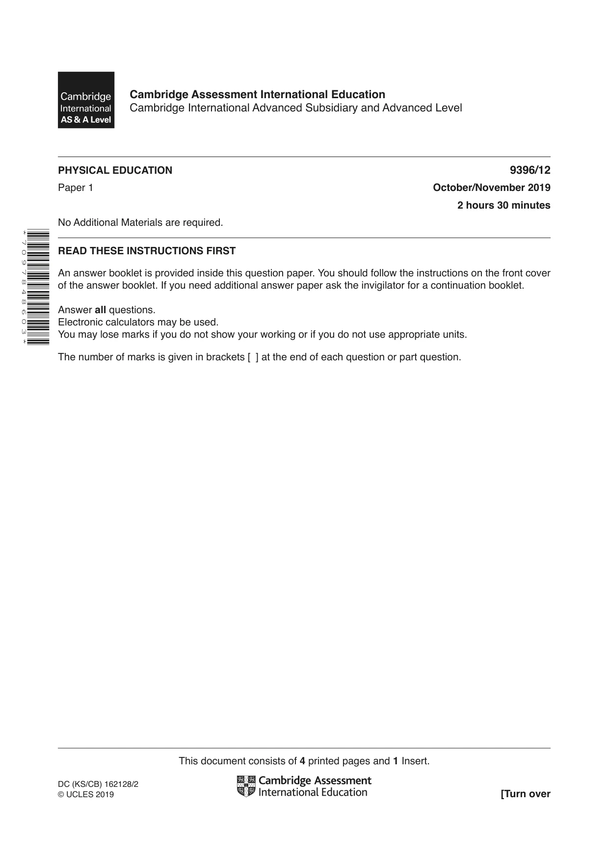 Cambridge A Level Physical Education 9396 2019 Oct/Nov Paper 1 · Variant 2 question paper, page 1 of 4