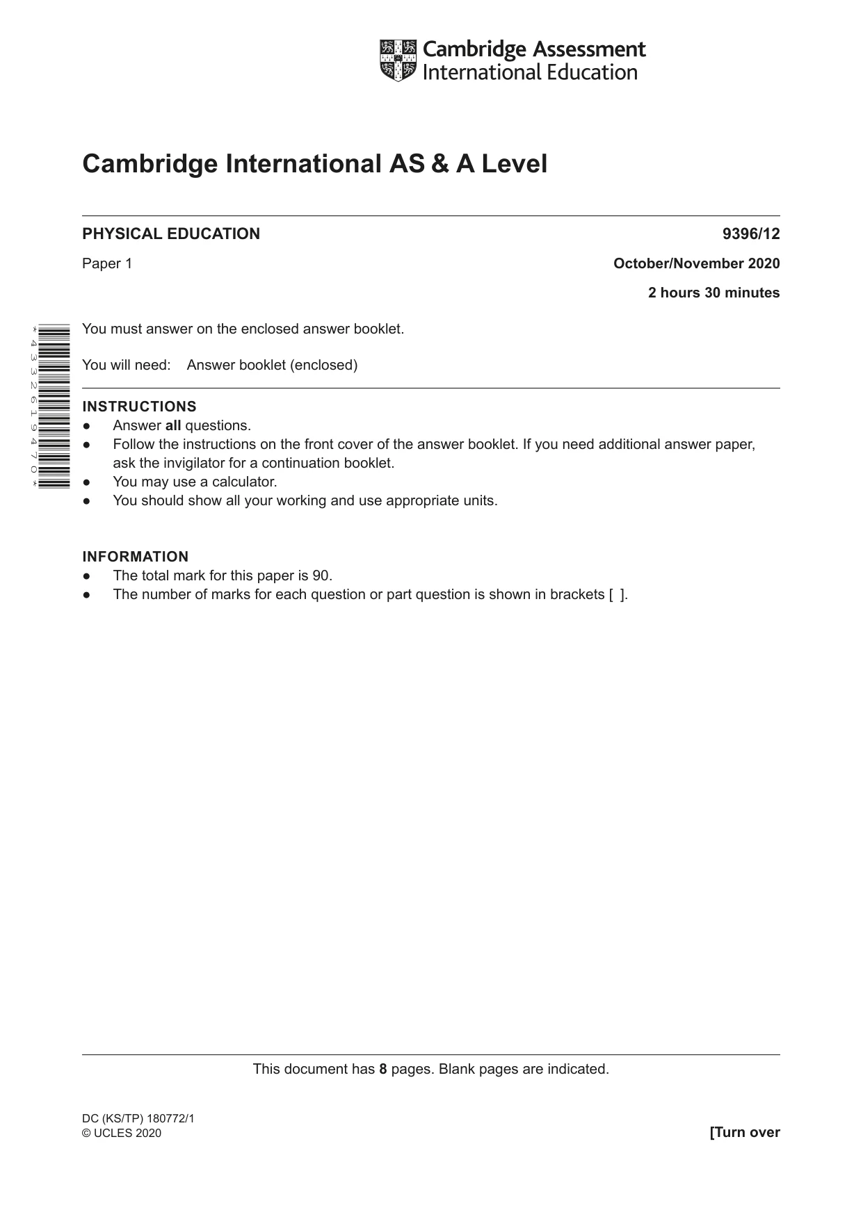 Cambridge A Level Physical Education 9396 2020 Oct/Nov Paper 1 · Variant 2 question paper, page 1 of 8