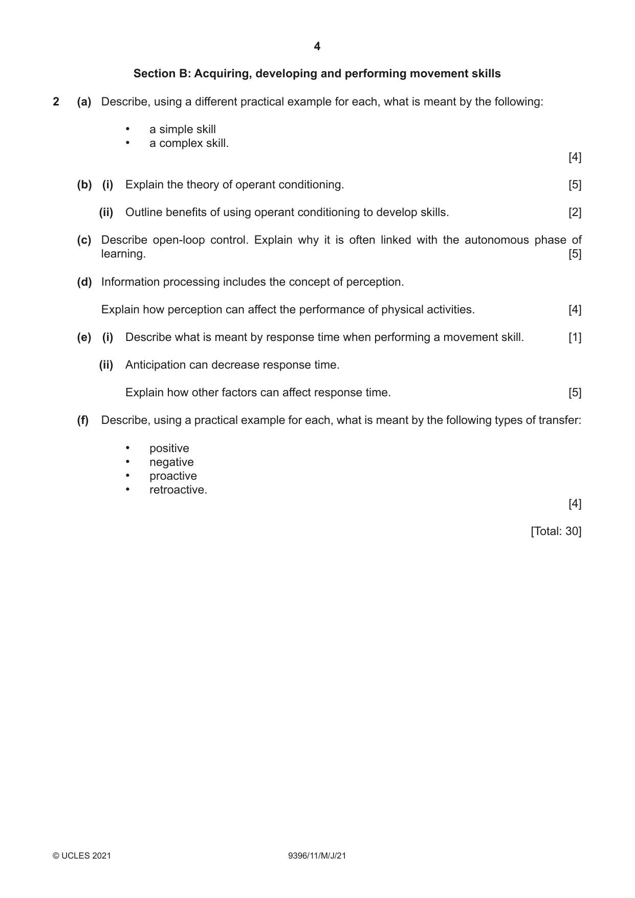 Cambridge A Level Physical Education 9396 2021 May/June Paper 1 · Variant 1 question paper, page 4 of 8
