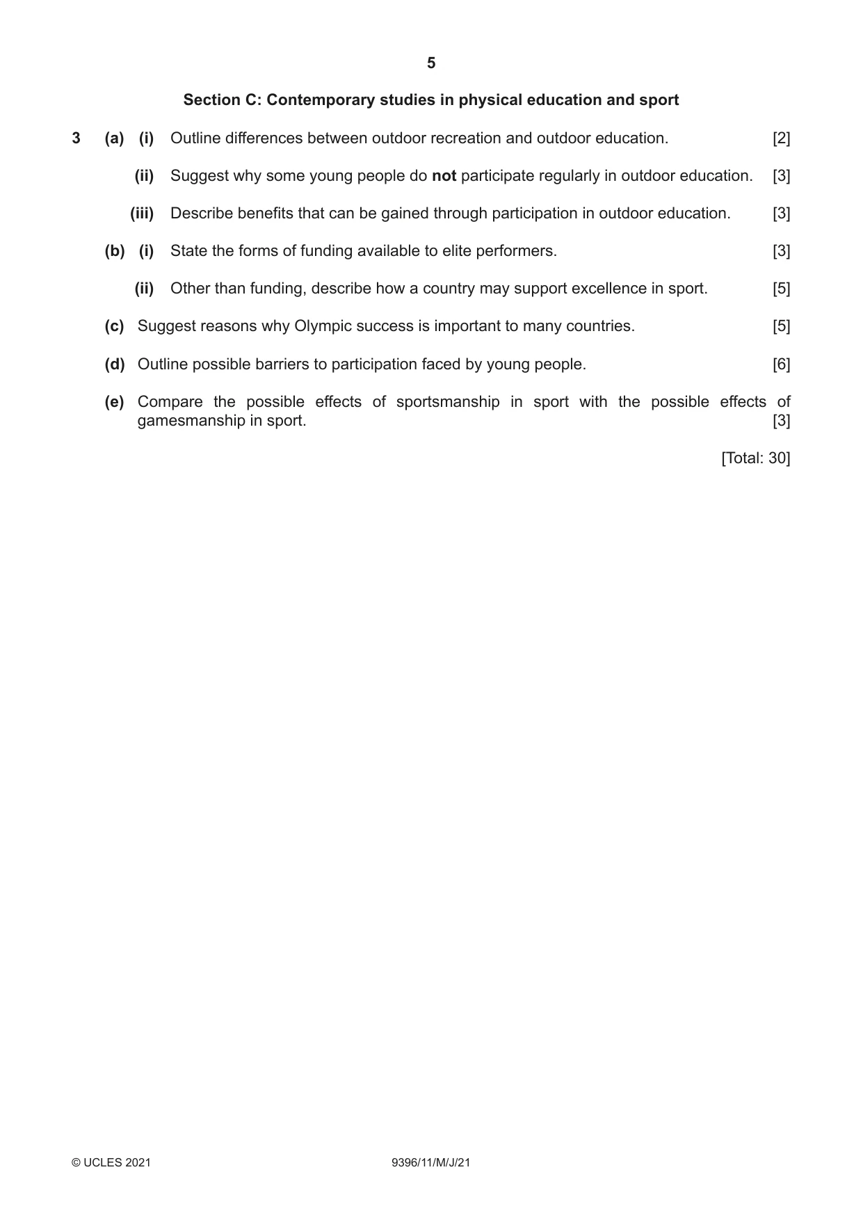 Cambridge A Level Physical Education 9396 2021 May/June Paper 1 · Variant 1 question paper, page 5 of 8