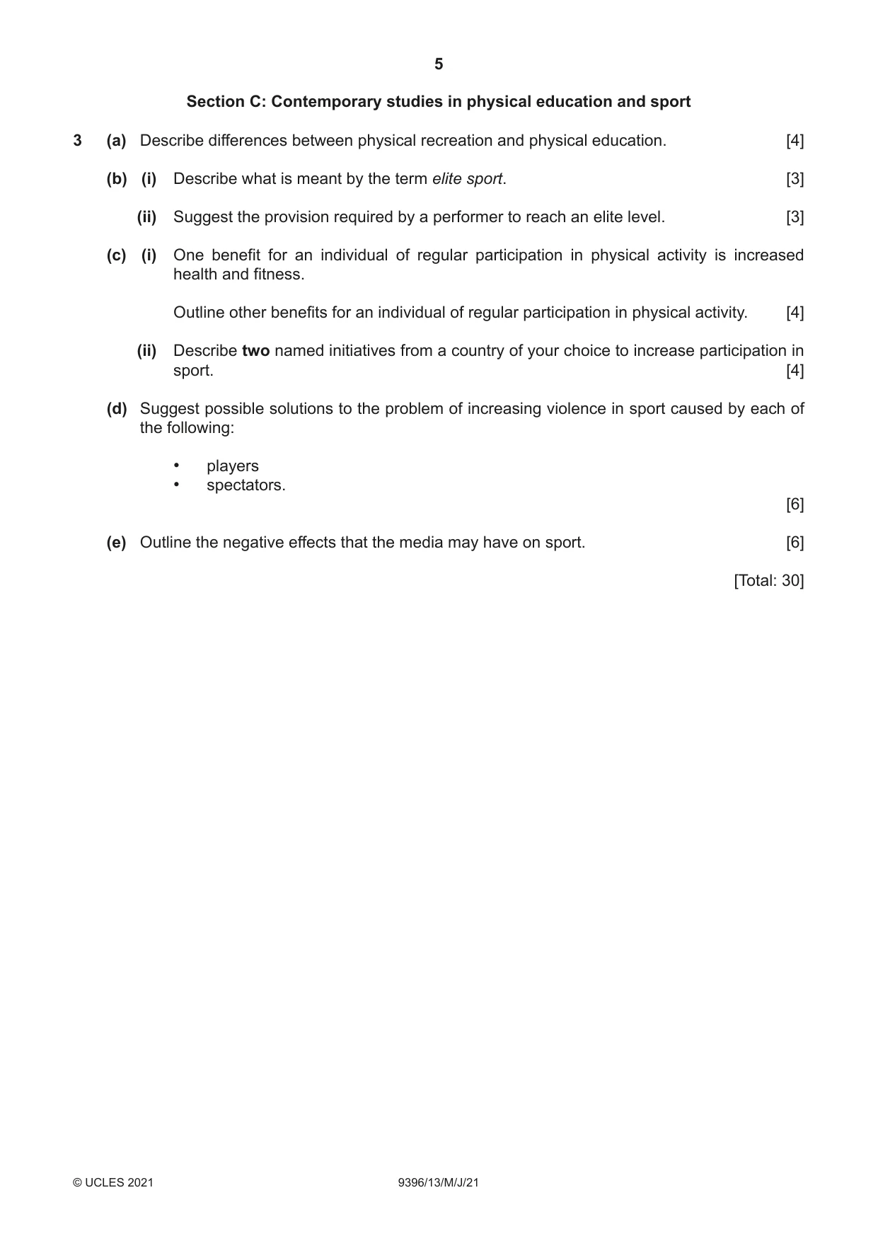 Cambridge A Level Physical Education 9396 2021 May/June Paper 1 · Variant 3 question paper, page 5 of 8