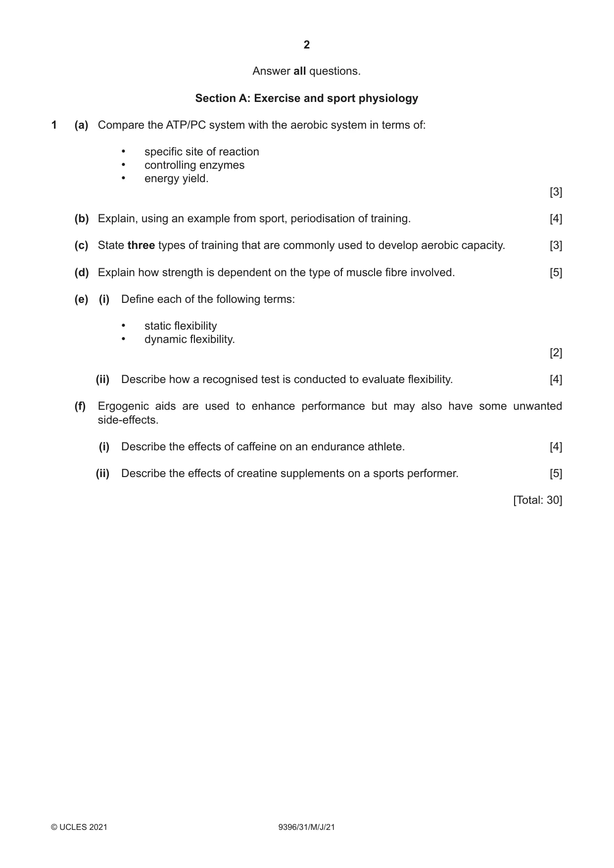 Cambridge A Level Physical Education 9396 2021 May/June Paper 3 · Variant 1 question paper, page 2 of 4