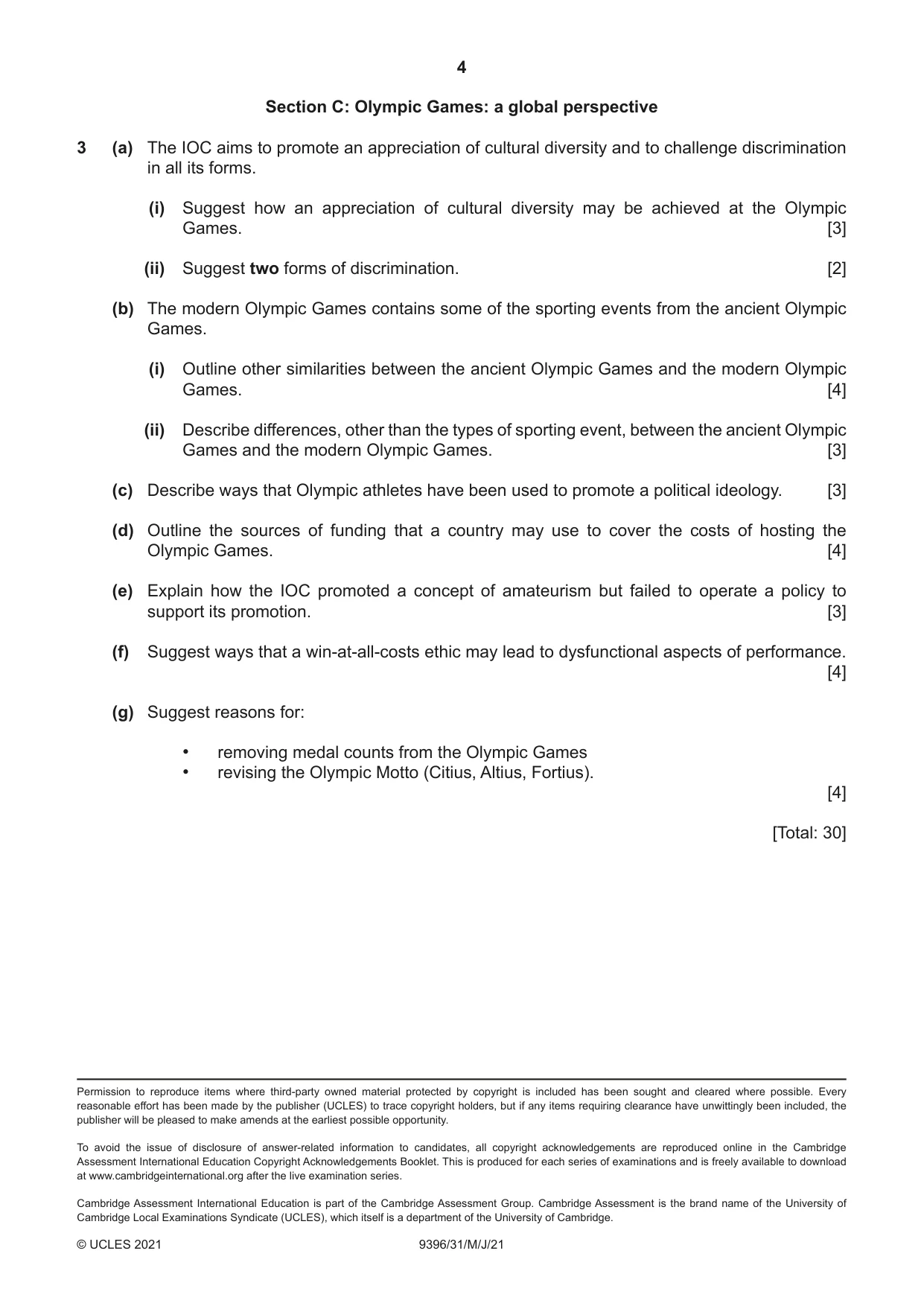 Cambridge A Level Physical Education 9396 2021 May/June Paper 3 · Variant 1 question paper, page 4 of 4