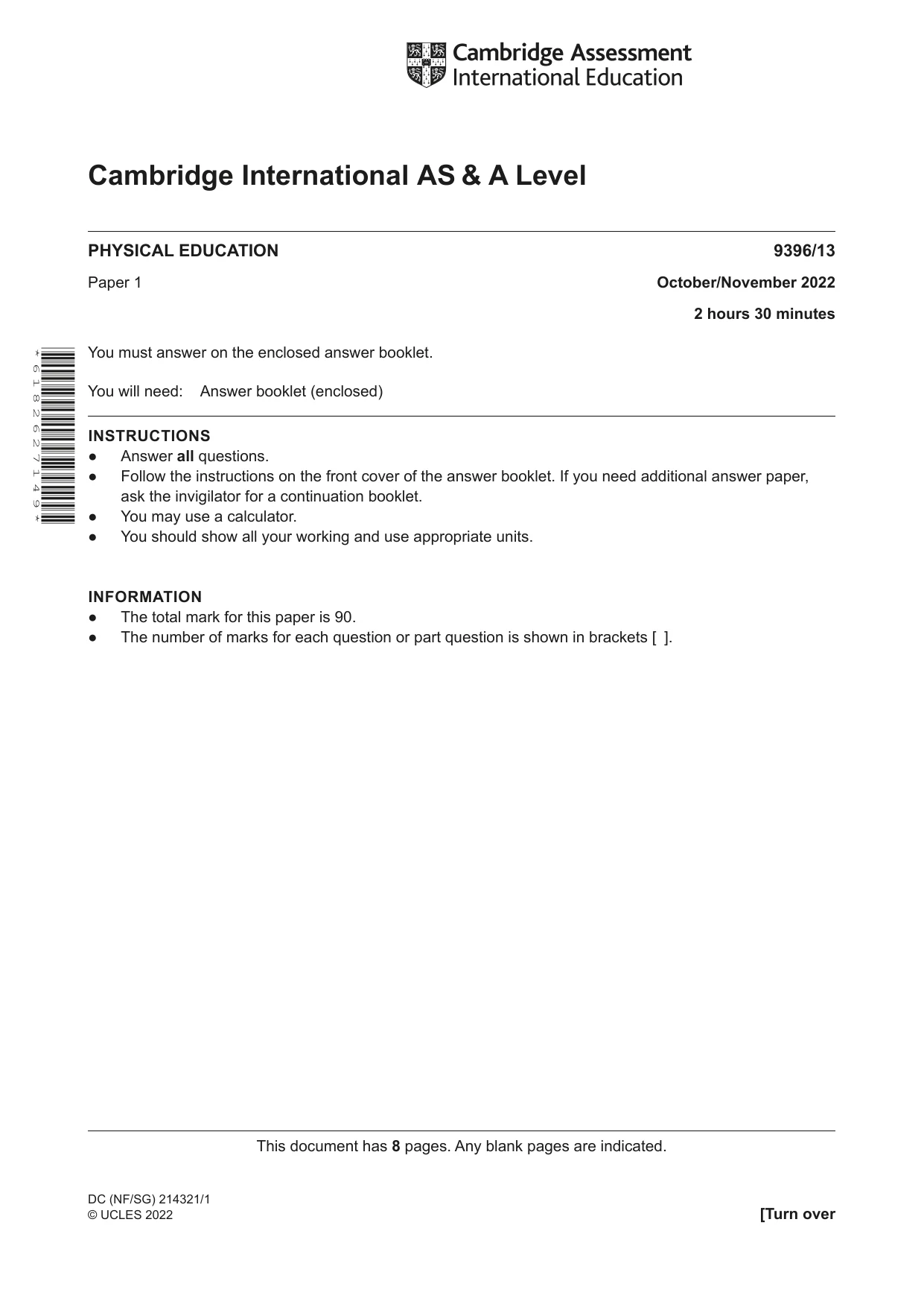 Cambridge A Level Physical Education 9396 2022 Oct/Nov Paper 1 · Variant 3 question paper, page 1 of 8