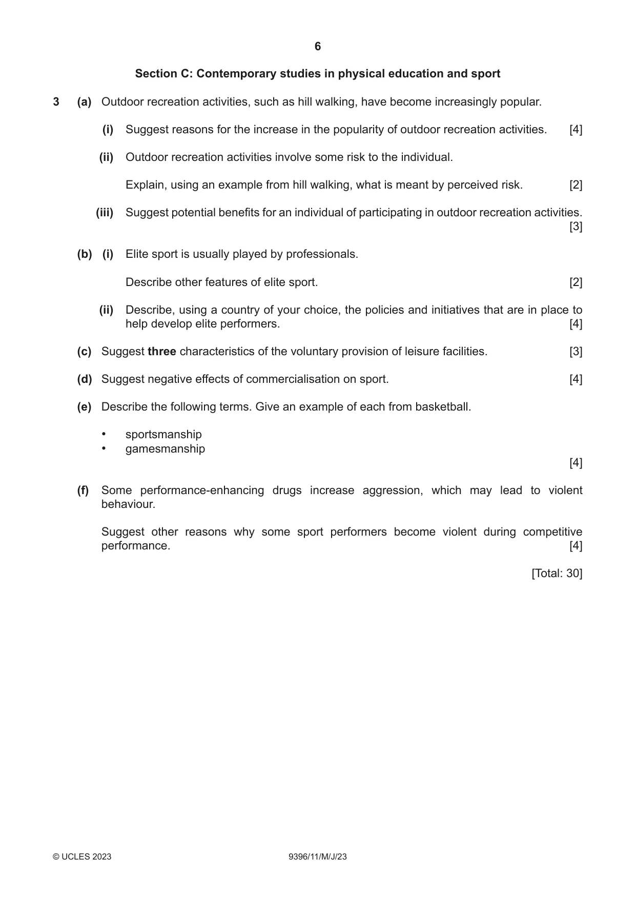 Cambridge A Level Physical Education 9396 2023 May/June Paper 1 · Variant 1 question paper, page 6 of 8