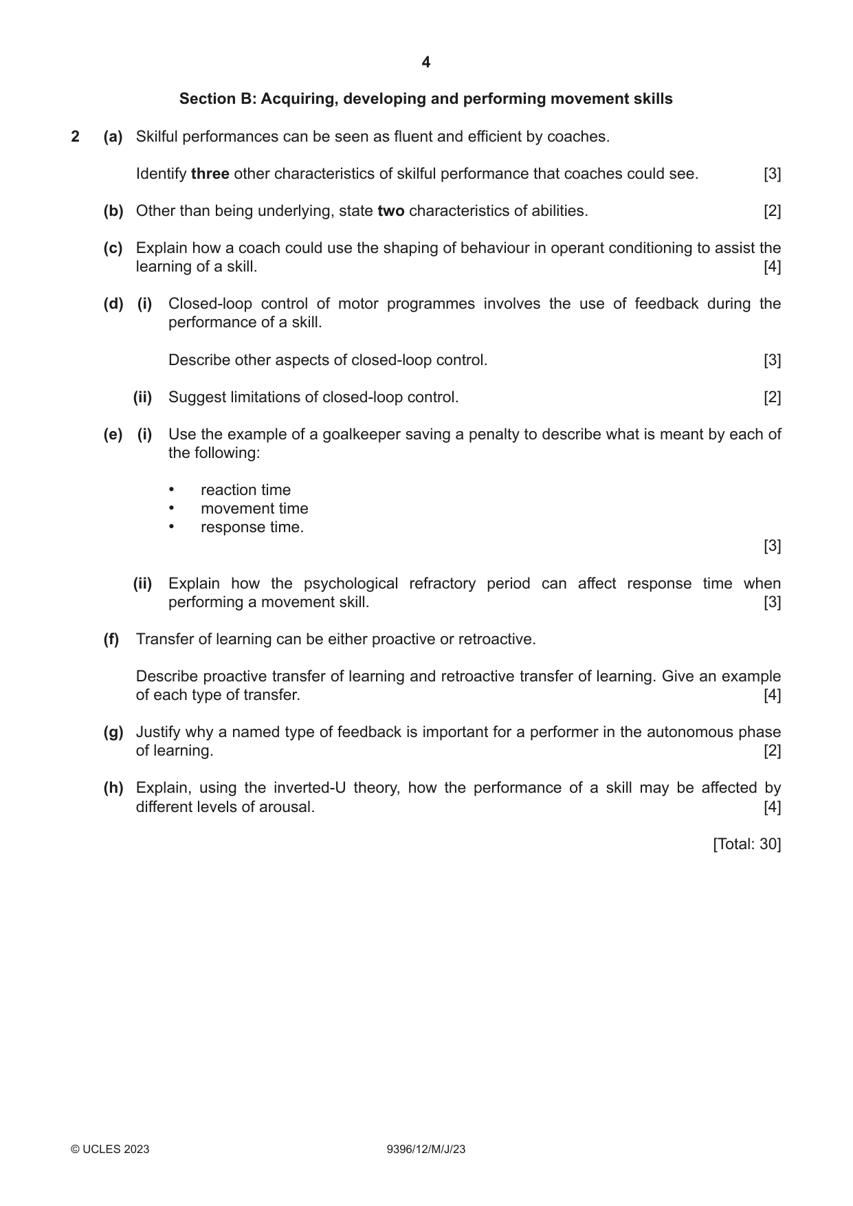 Cambridge A Level Physical Education 9396 2023 May/June Paper 1 · Variant 2 question paper, page 4 of 8