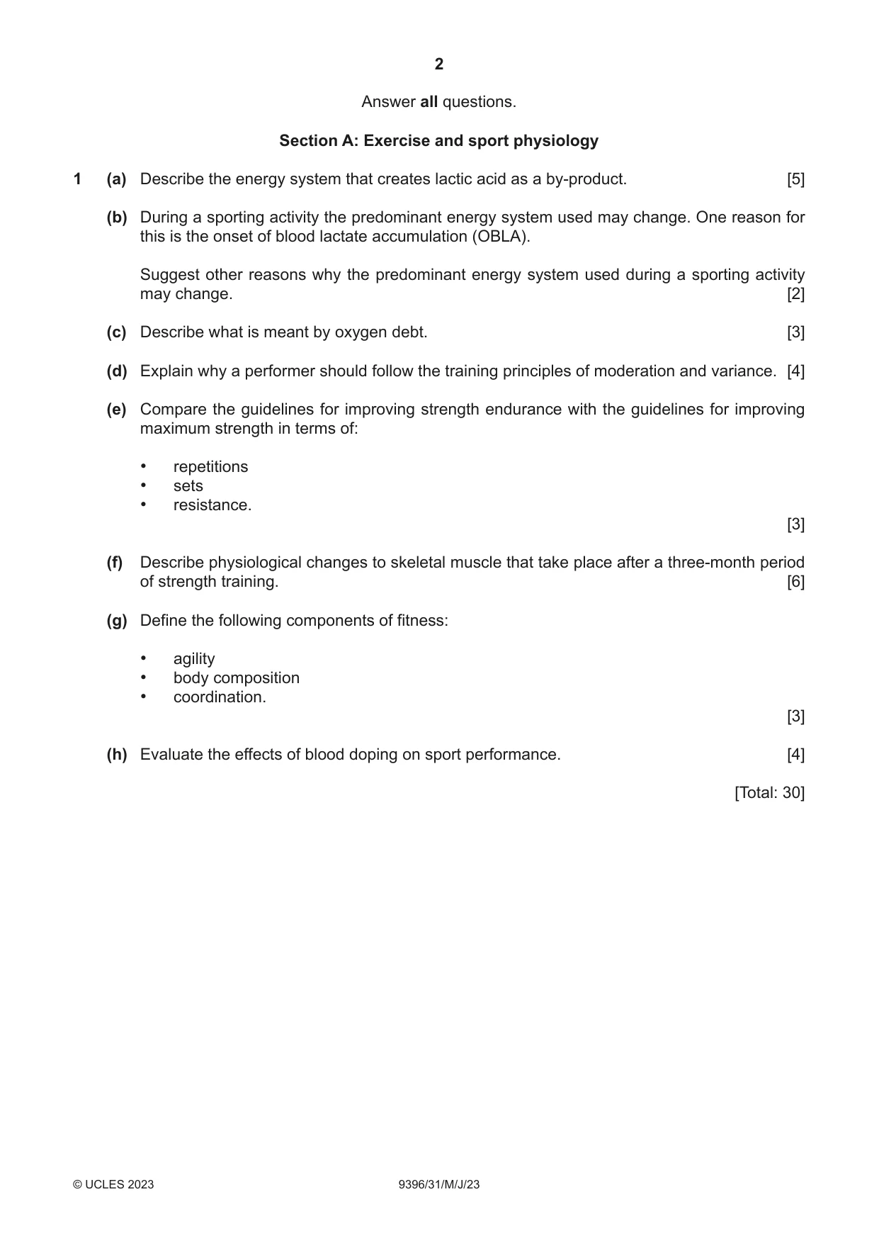 Cambridge A Level Physical Education 9396 2023 May/June Paper 3 · Variant 1 question paper, page 2 of 4