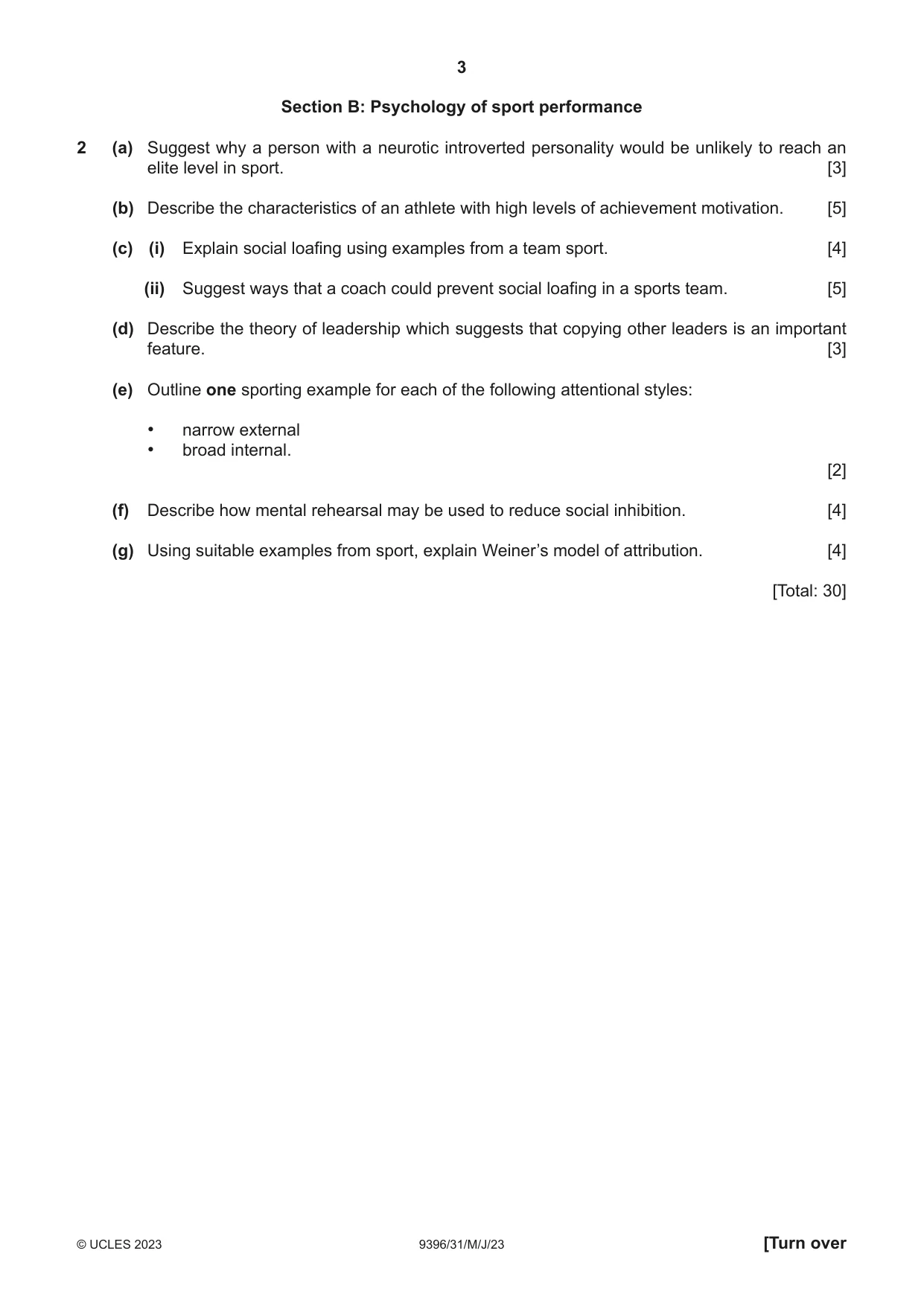 Cambridge A Level Physical Education 9396 2023 May/June Paper 3 · Variant 1 question paper, page 3 of 4