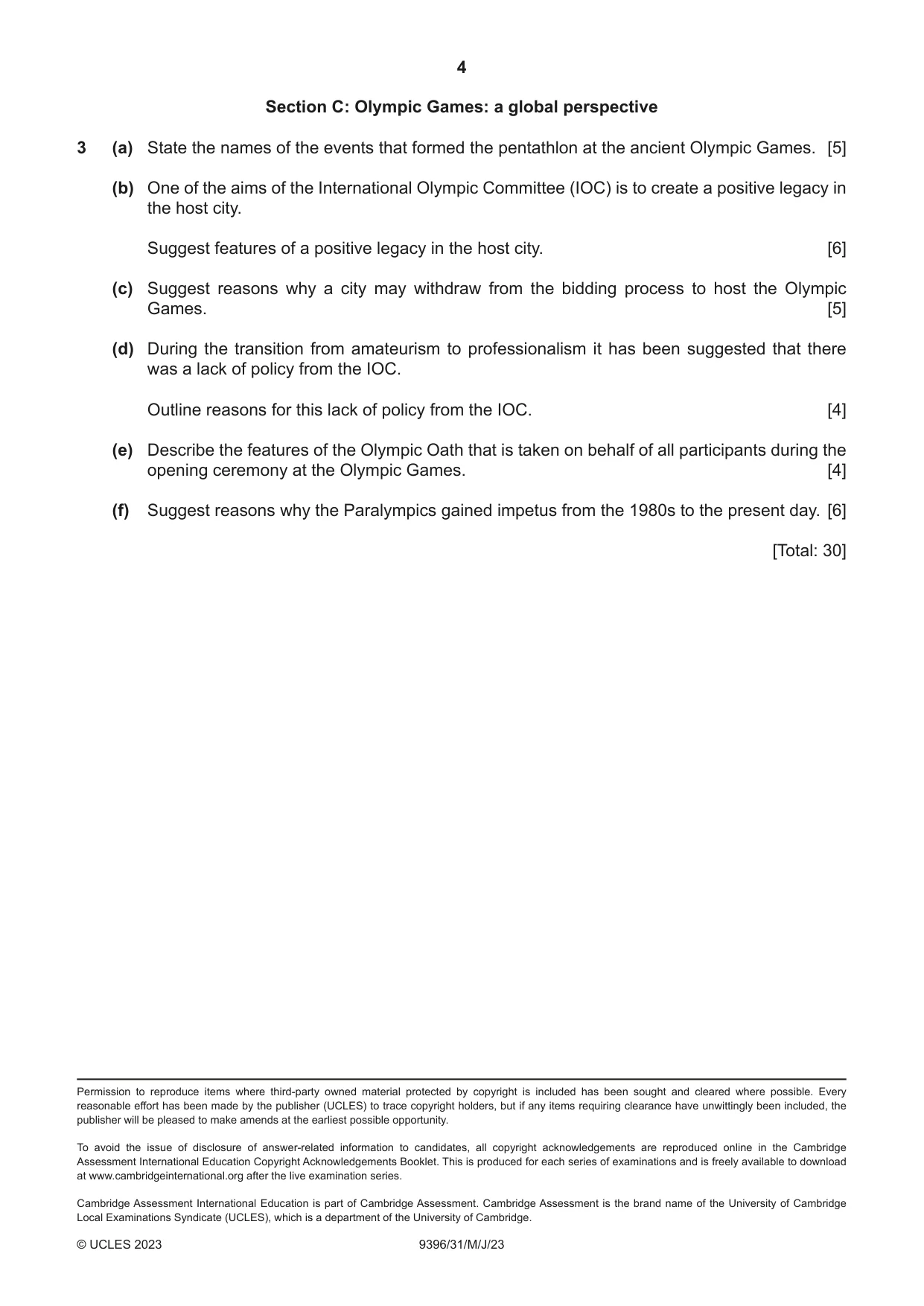 Cambridge A Level Physical Education 9396 2023 May/June Paper 3 · Variant 1 question paper, page 4 of 4
