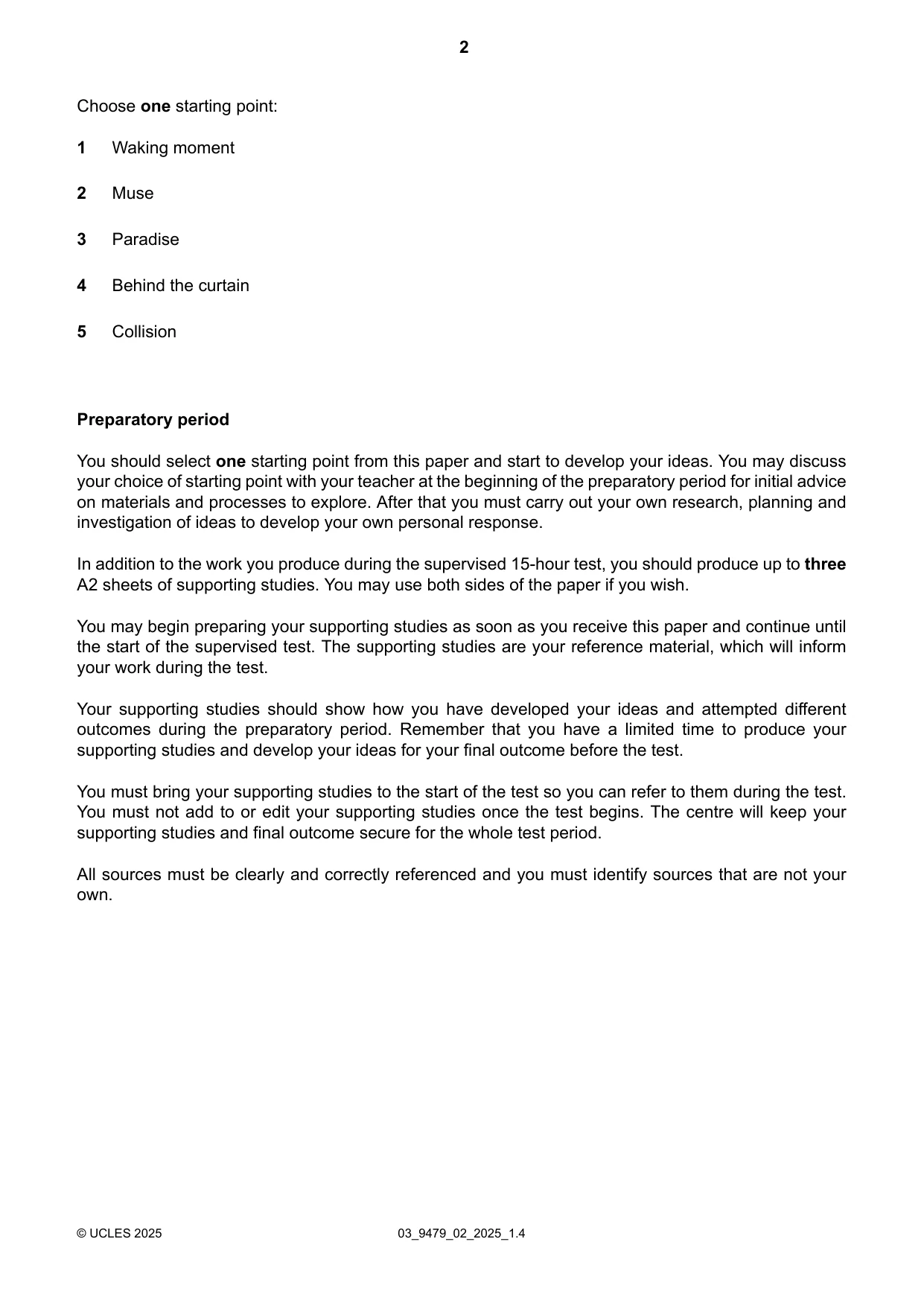Cambridge A Level Art and Design 9479 2025 Feb/March Paper 2 · Variant 0 question paper, page 2 of 4