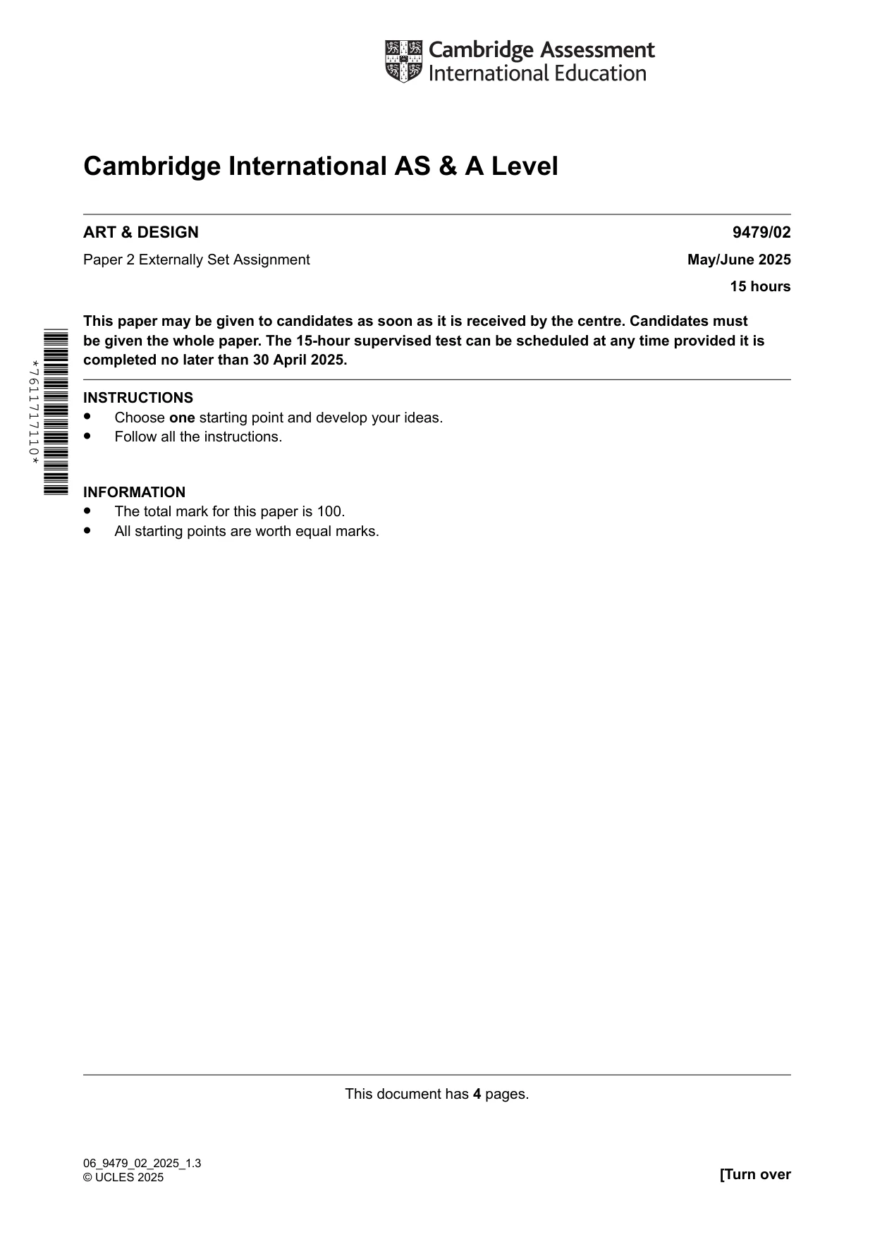 Cambridge A Level Art and Design 9479 2025 May/June Paper 2 · Variant 0 question paper, page 1 of 4