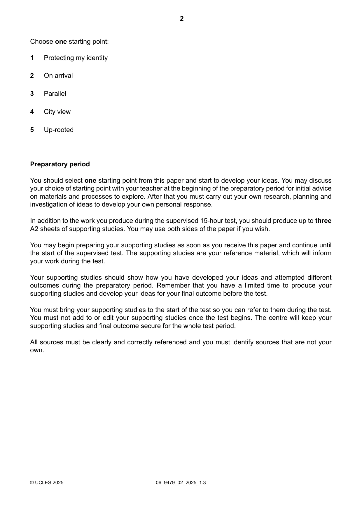 Cambridge A Level Art and Design 9479 2025 May/June Paper 2 · Variant 0 question paper, page 2 of 4