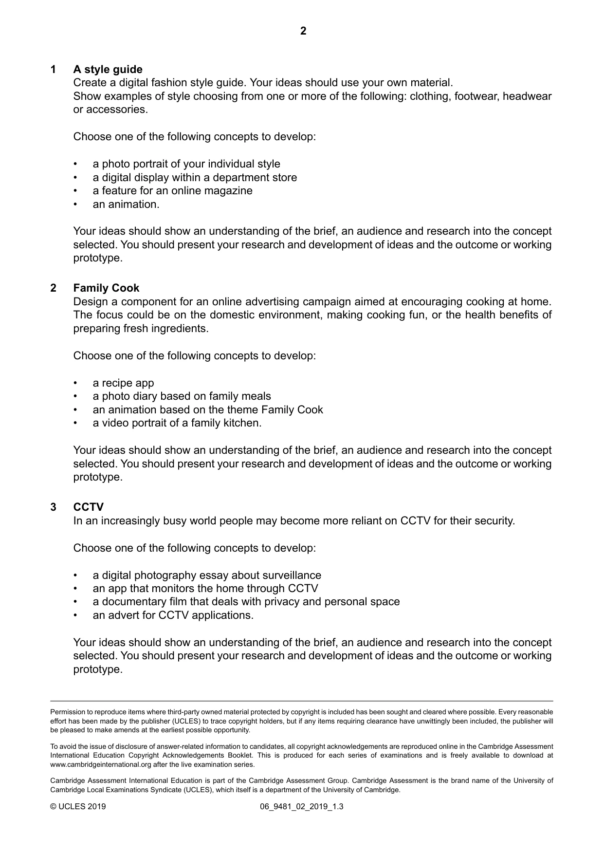 Cambridge A Level Digital Media and Design 9481 2019 May/June Paper 2 · Variant 0 question paper, page 2 of 2