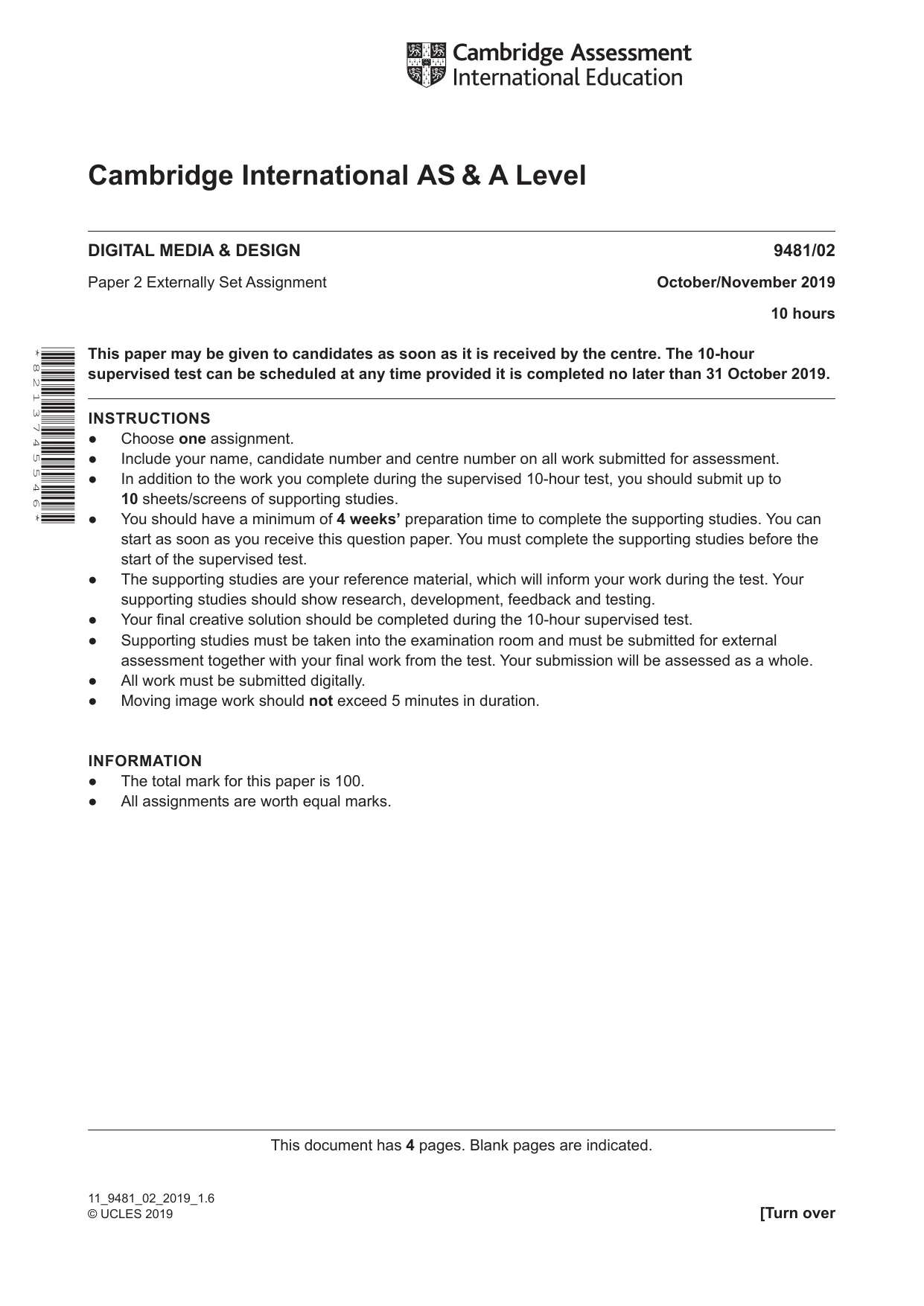 Cambridge A Level Digital Media and Design 9481 2019 Oct/Nov Paper 2 · Variant 0 question paper, page 1 of 4
