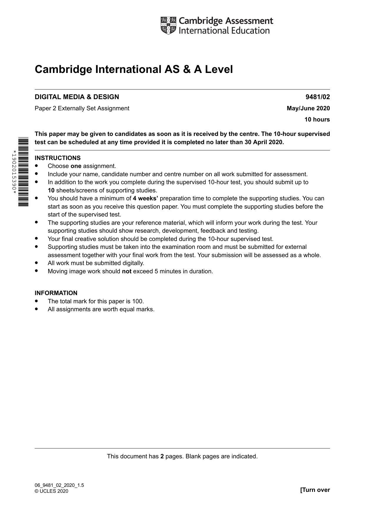 Cambridge A Level Digital Media and Design 9481 2020 May/June Paper 2 · Variant 0 question paper, page 1 of 2