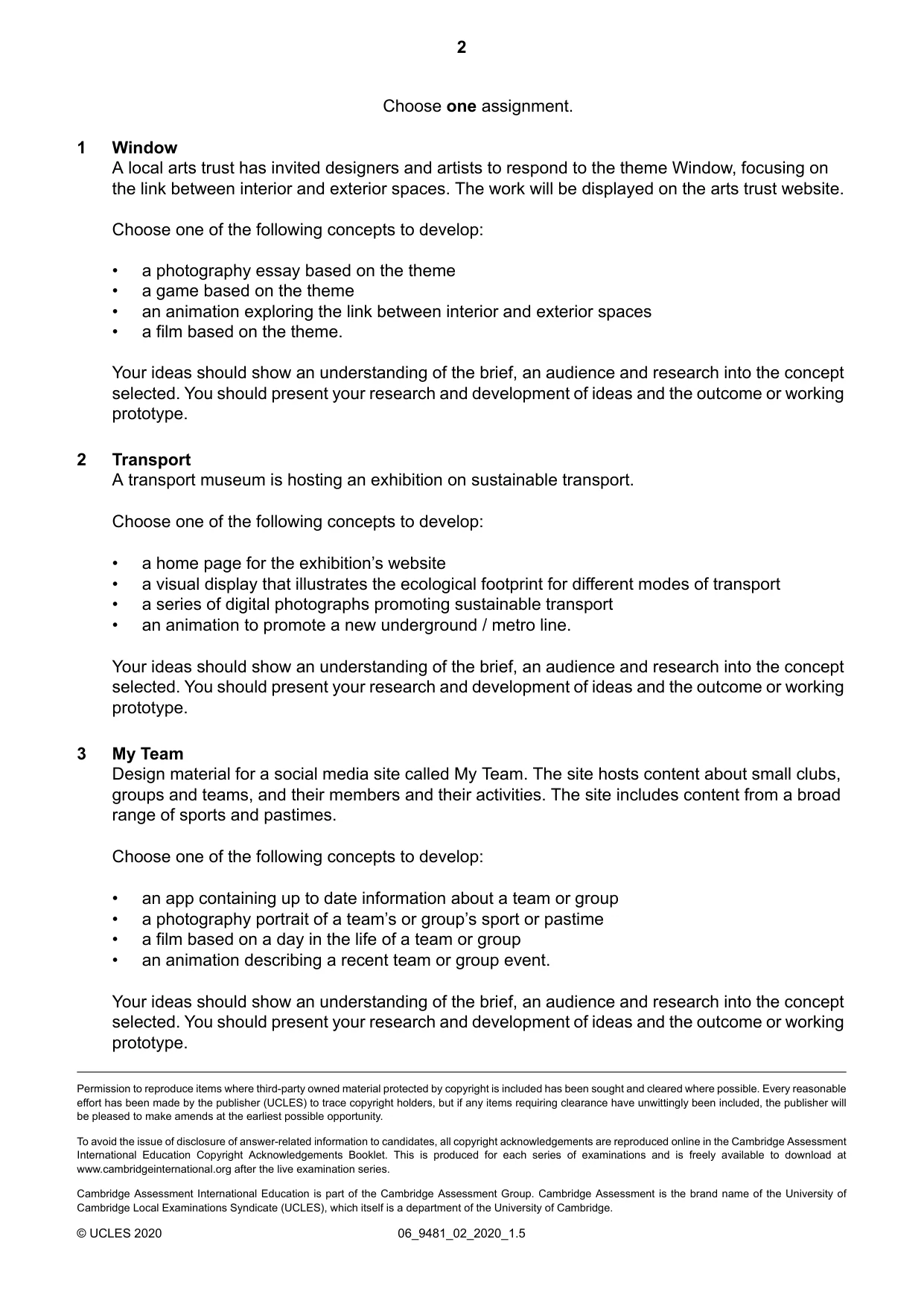 Cambridge A Level Digital Media and Design 9481 2020 May/June Paper 2 · Variant 0 question paper, page 2 of 2